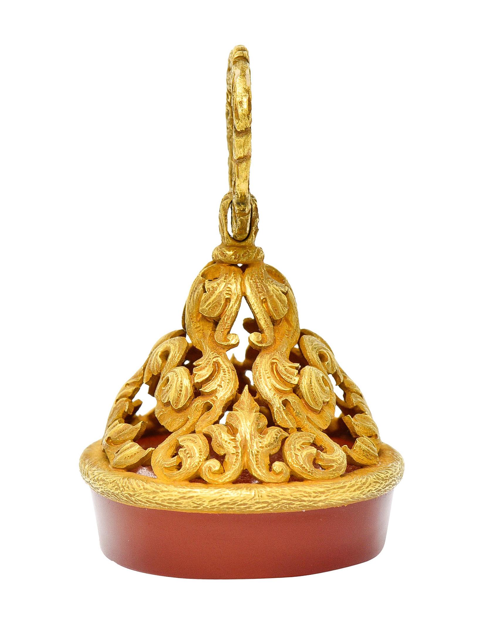 Oval Cut Large Art Nouveau Carnelian Intaglio 18 Karat Gold Whiplash Heraldry Fob Pendant