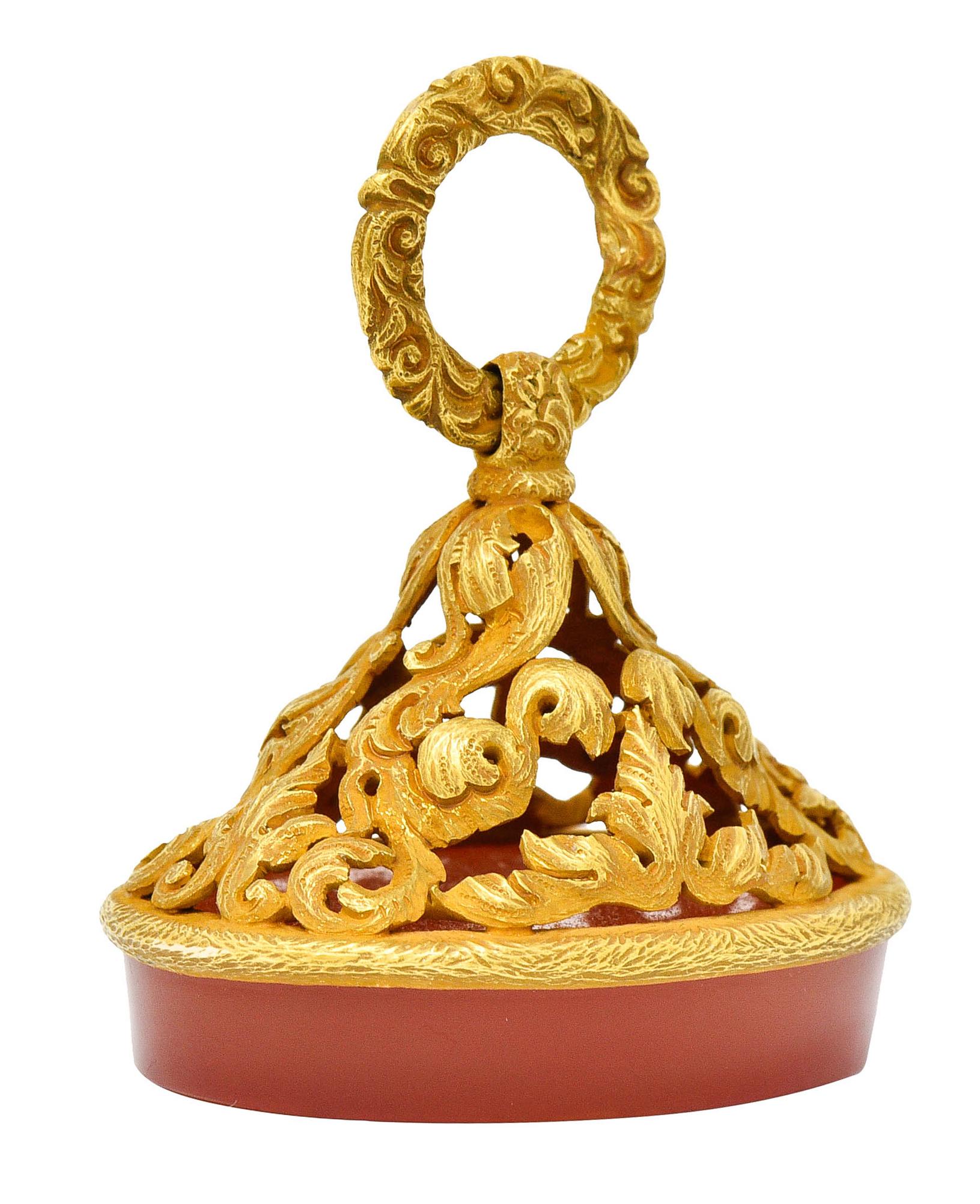 Women's or Men's Large Art Nouveau Carnelian Intaglio 18 Karat Gold Whiplash Heraldry Fob Pendant