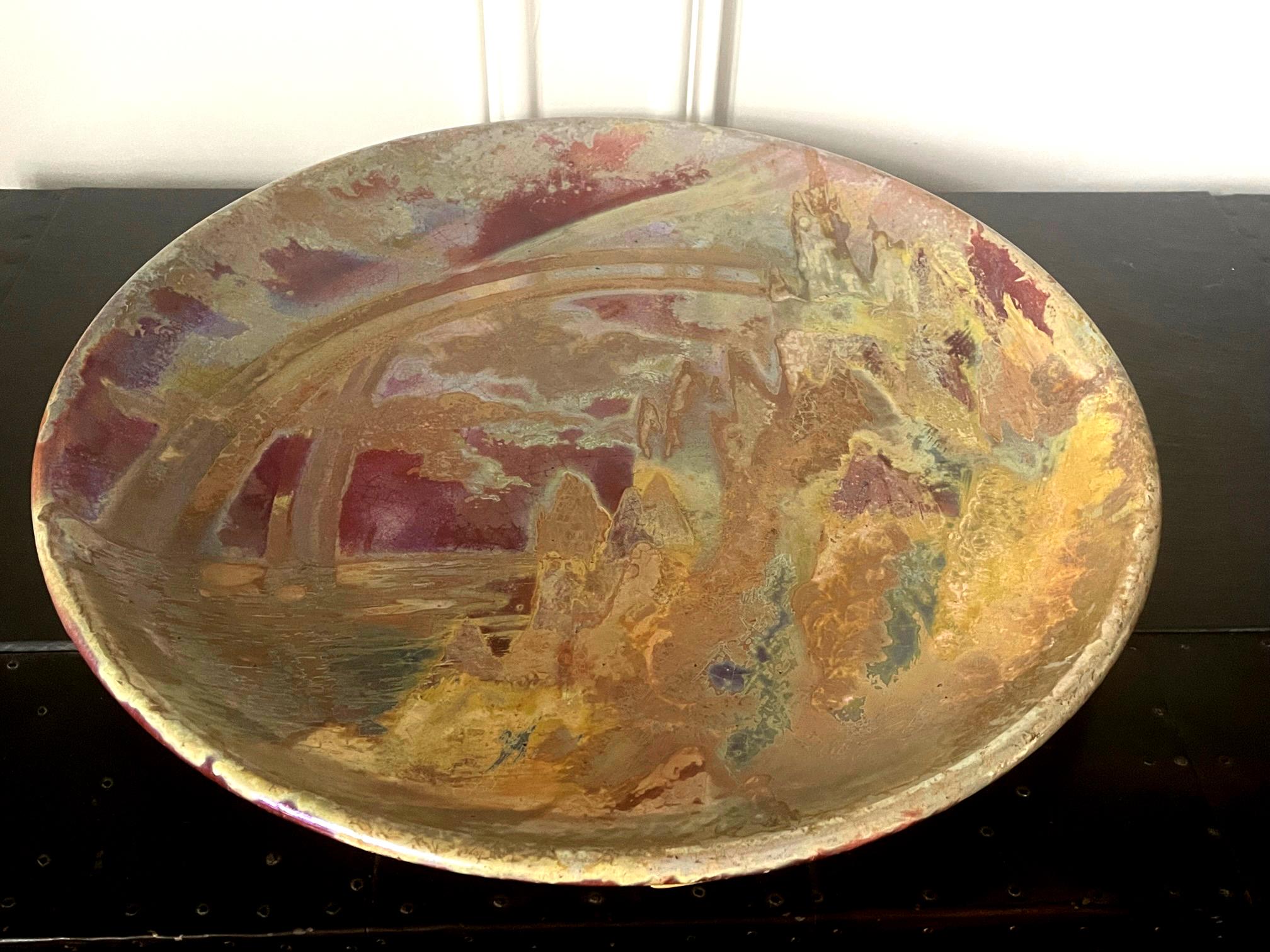 French Large Art Nouveau Ceramic Landscape Plate with Luster Glaze by Clement Massier For Sale