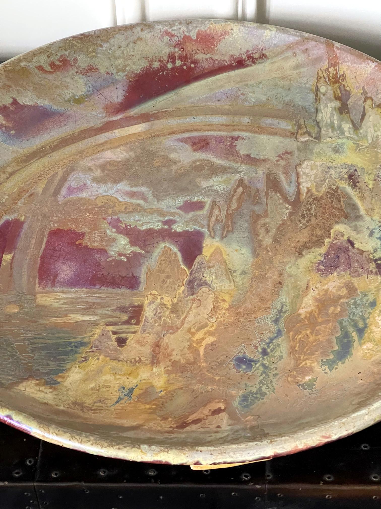 Large Art Nouveau Ceramic Landscape Plate with Luster Glaze by Clement Massier For Sale 1