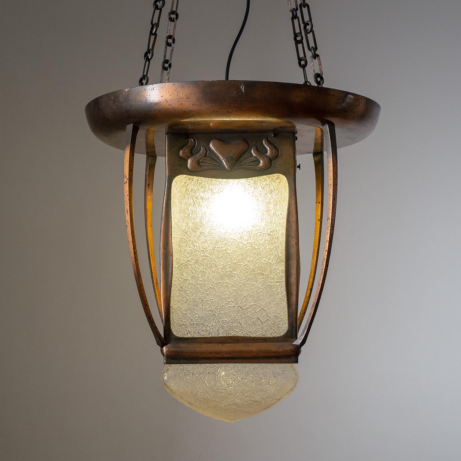 Jugendstil Large Art Nouveau Copper and Glass Lantern