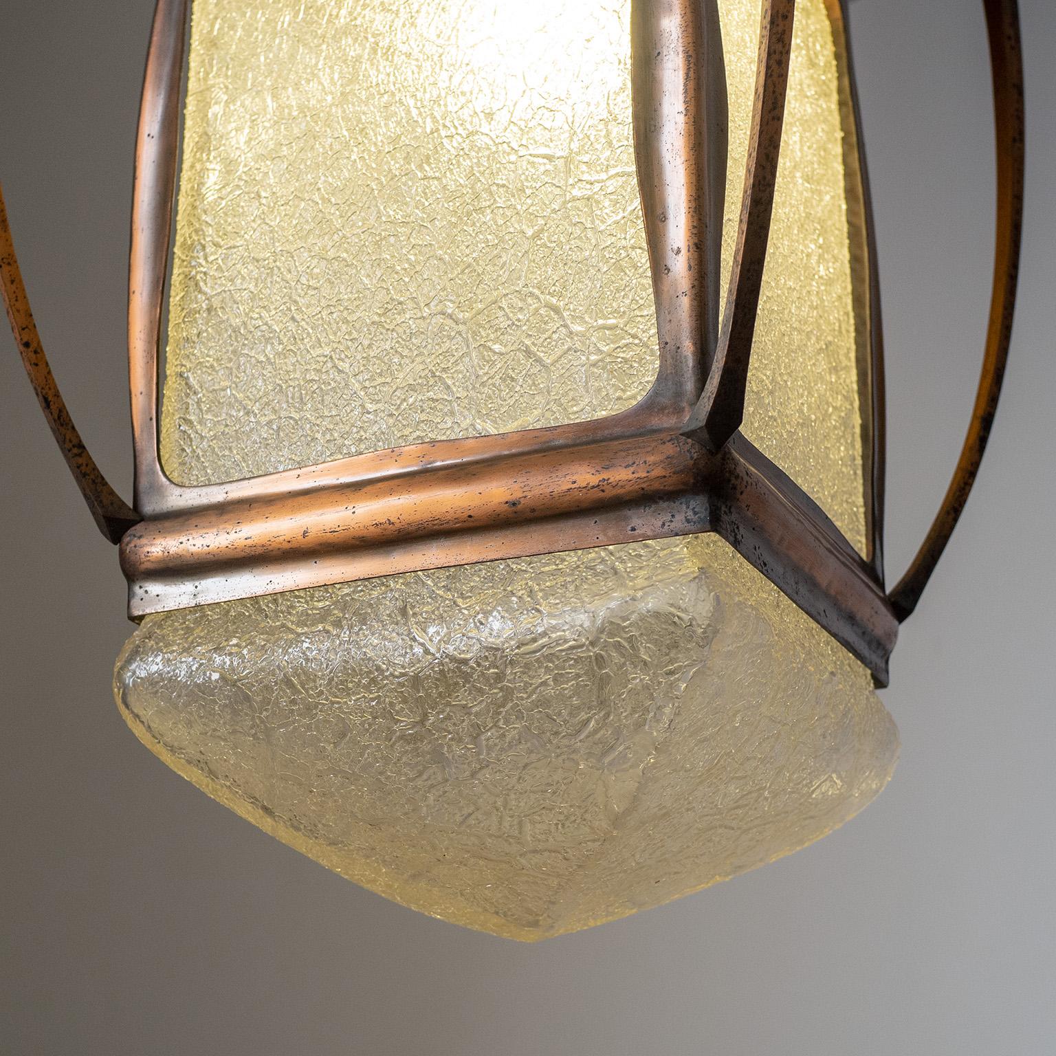 German Large Art Nouveau Copper and Glass Lantern