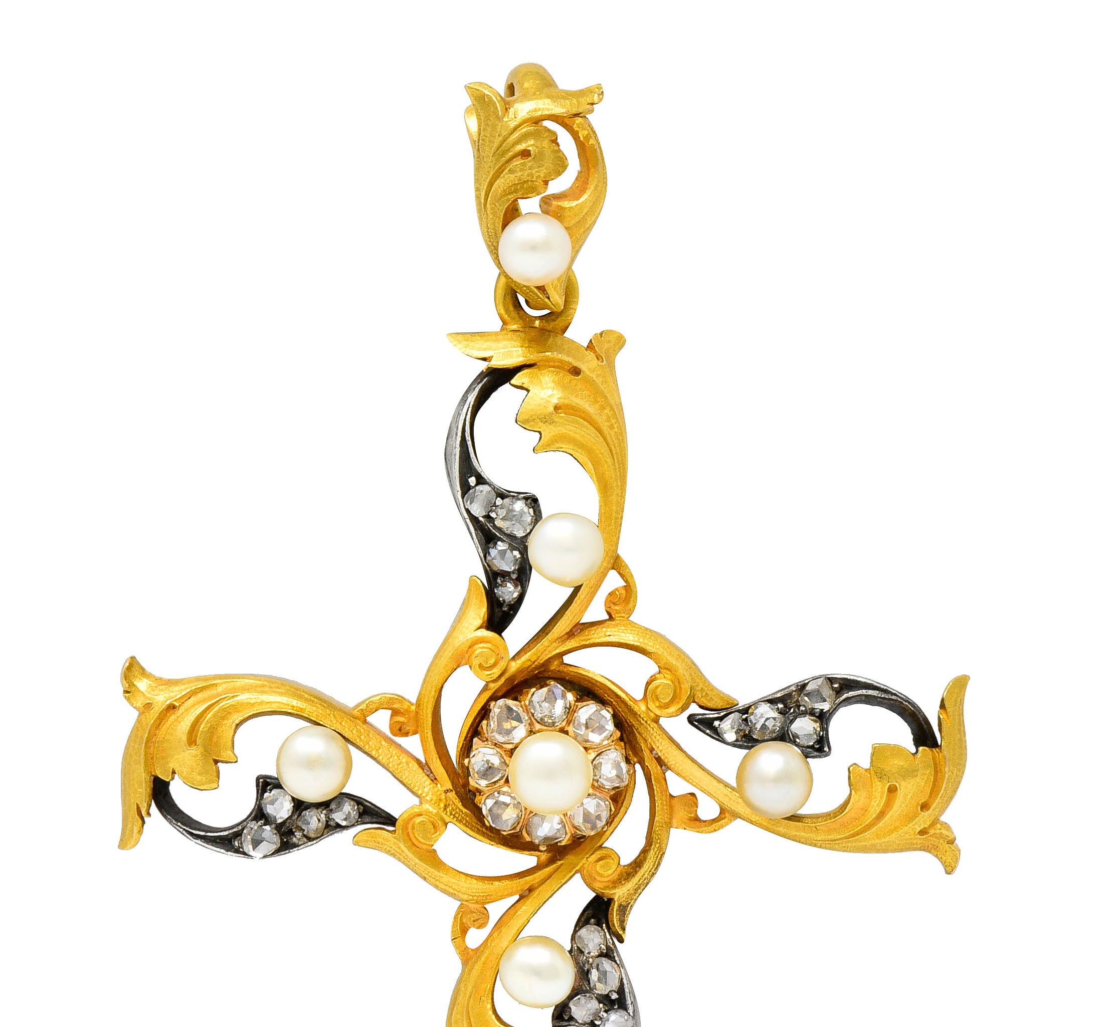 Women's or Men's Large Art Nouveau Diamond Pearl Silver 18 Karat Gold Cross Pendant