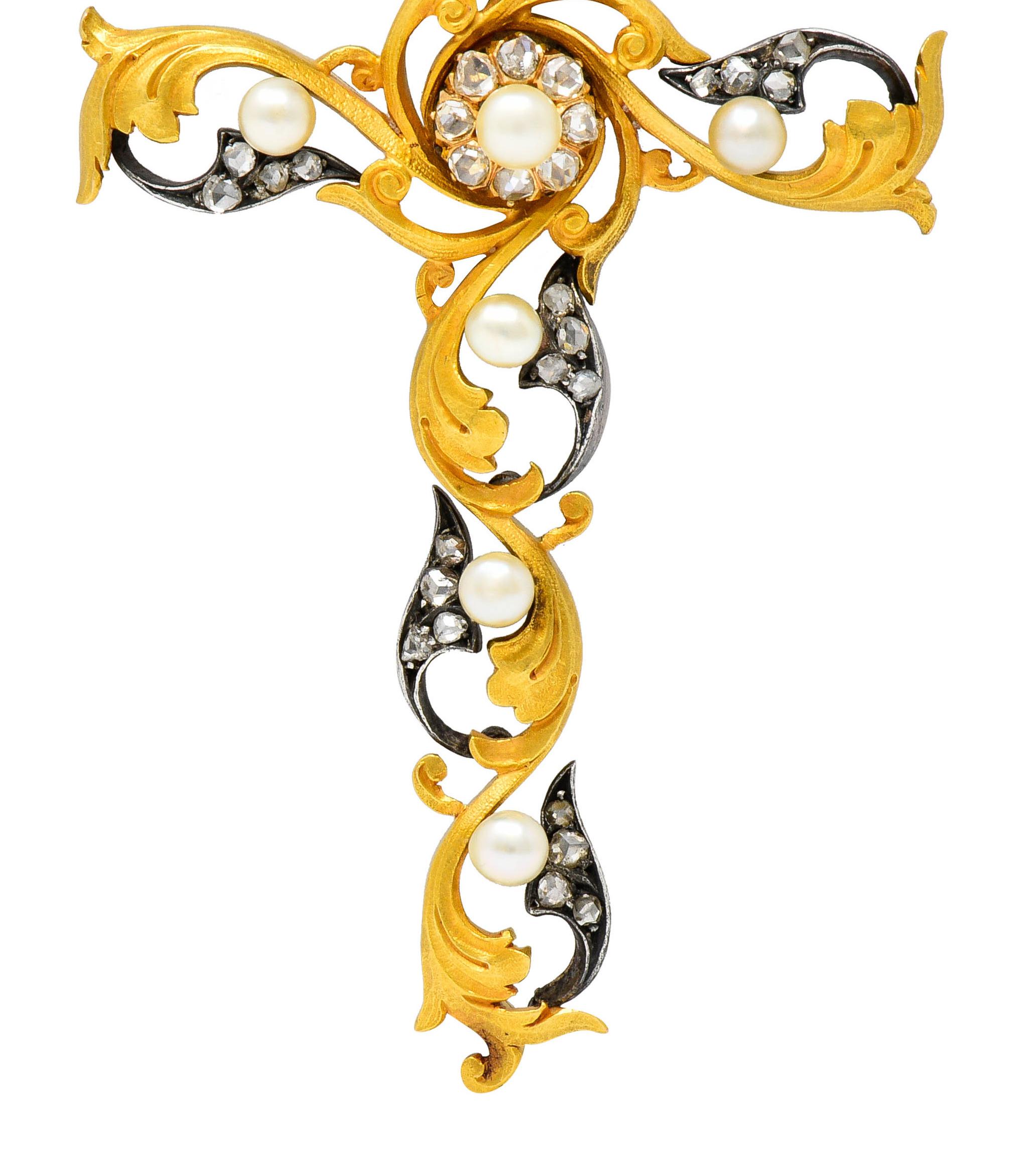 Large Art Nouveau Diamond Pearl Silver 18 Karat Gold Cross Pendant 1