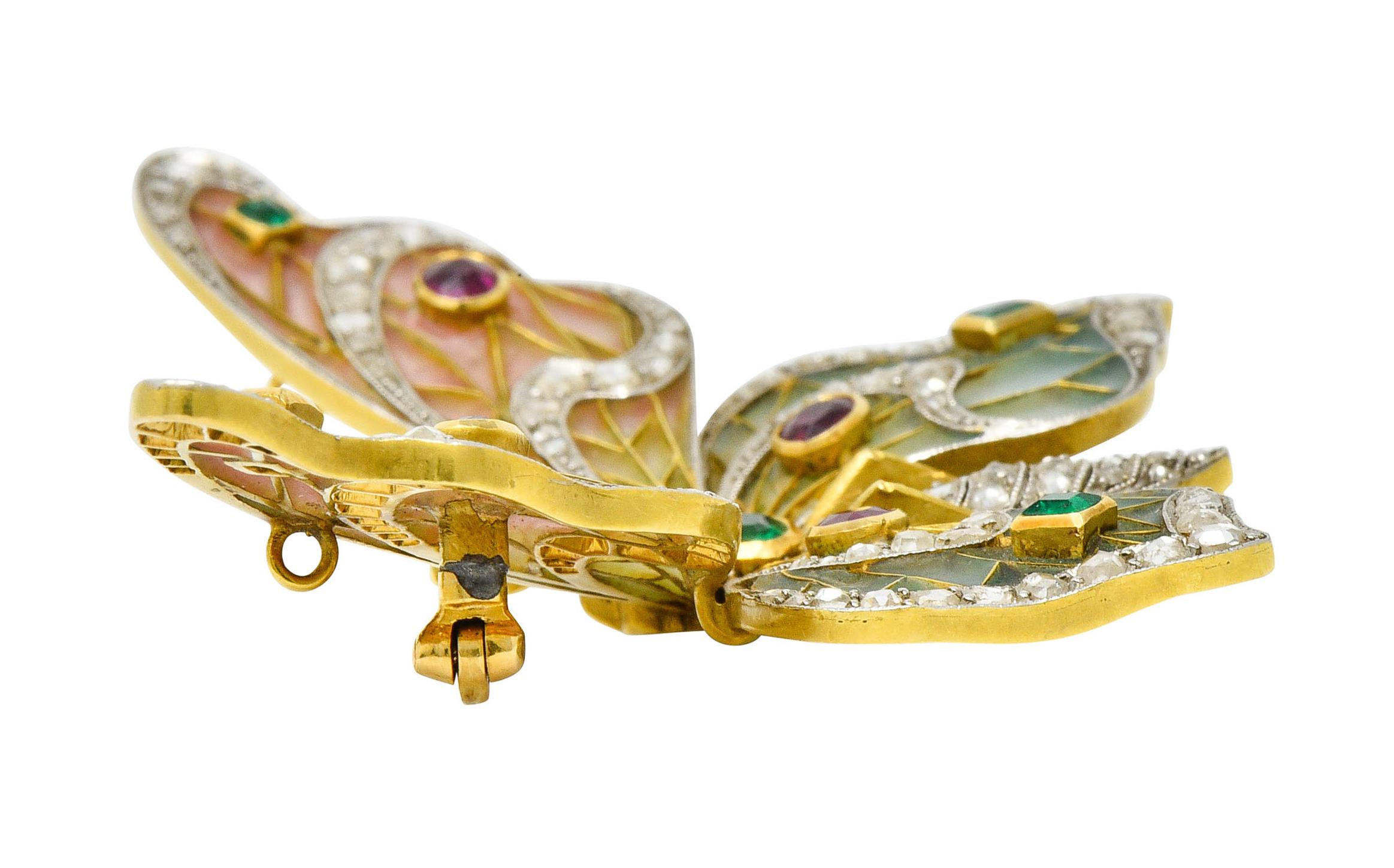 Women's or Men's Large Art Nouveau Diamond Ruby Plique-A-Jour Enamel 18 Karat Gold Pendant Brooch