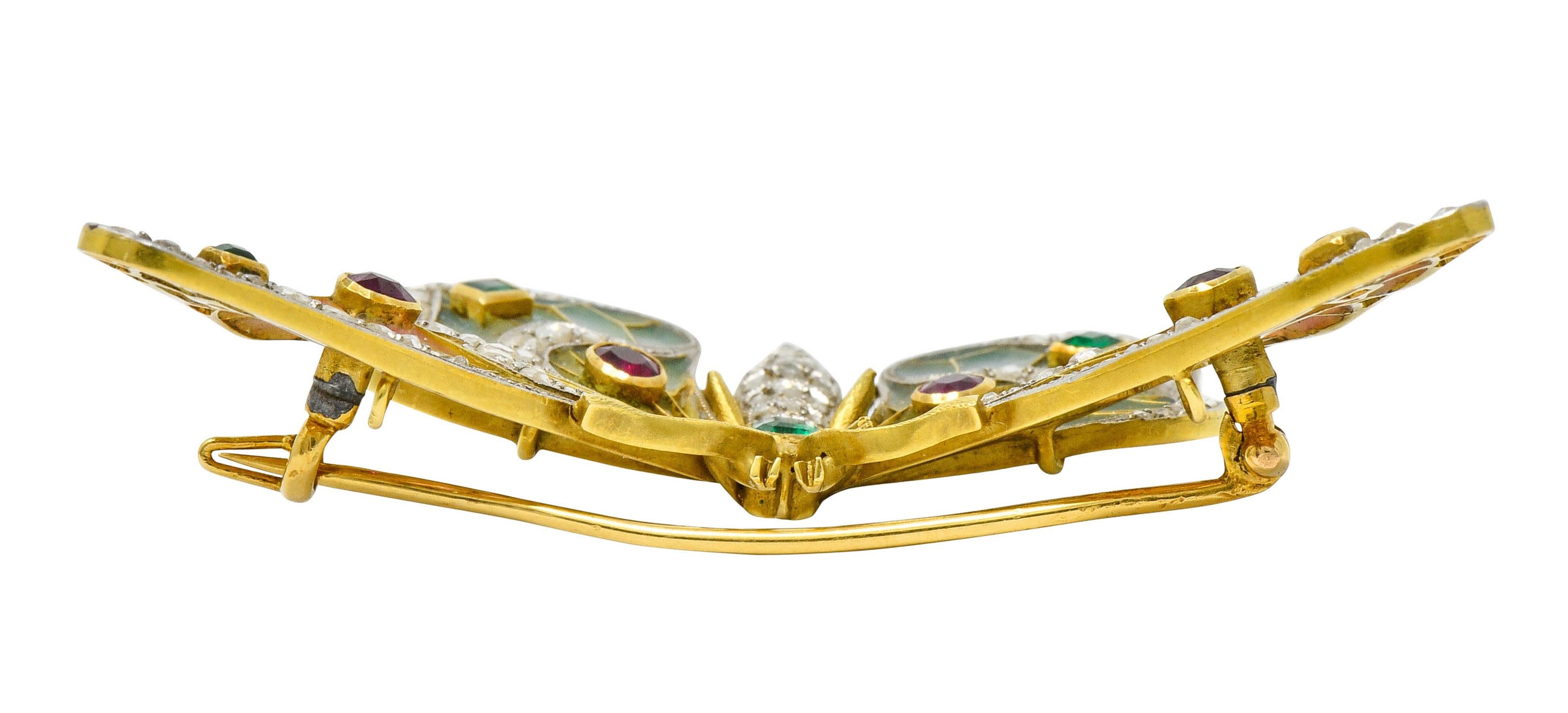 Large Art Nouveau Diamond Ruby Plique-A-Jour Enamel 18 Karat Gold Pendant Brooch 1