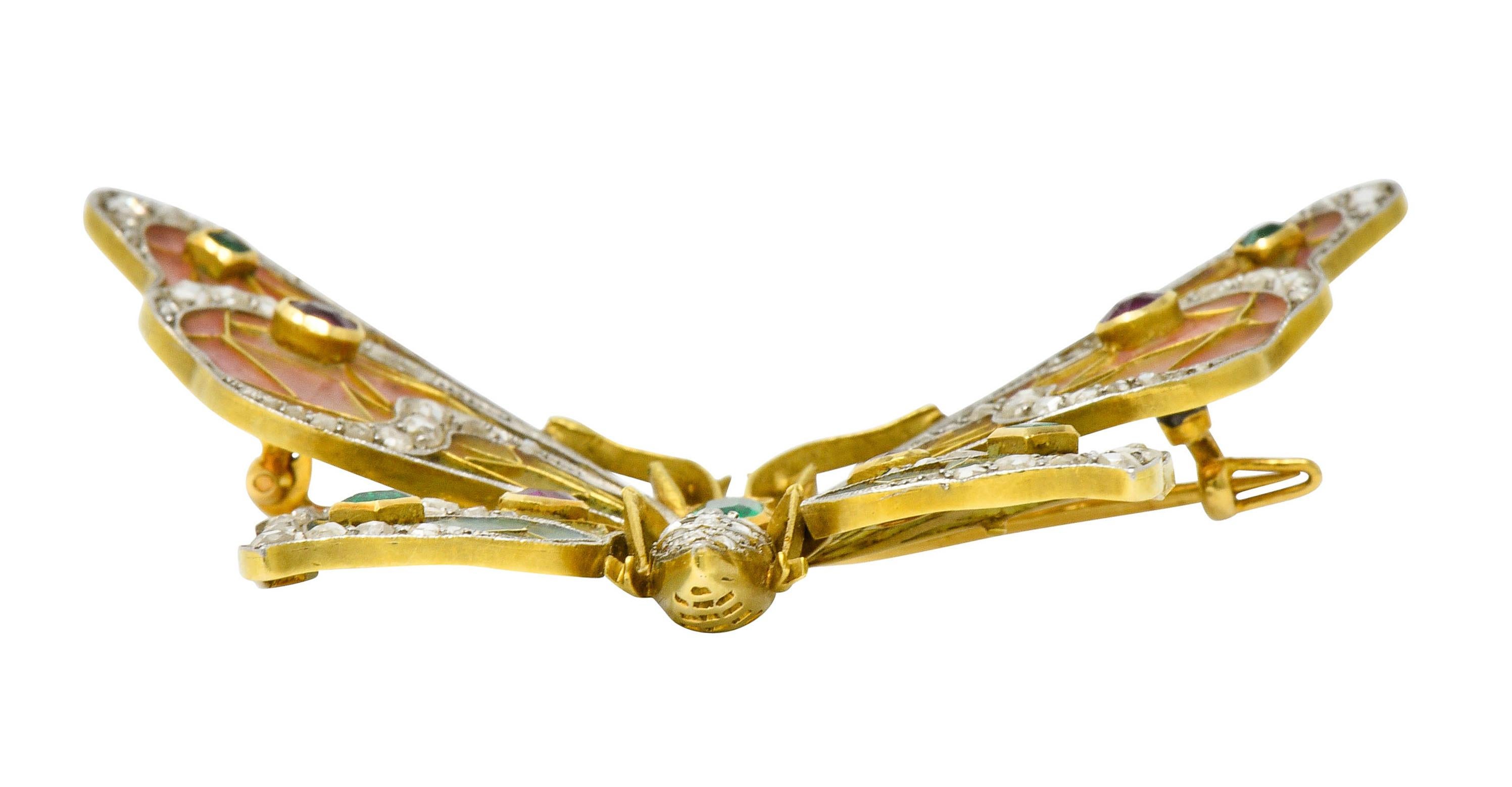 Large Art Nouveau Diamond Ruby Plique-A-Jour Enamel 18 Karat Gold Pendant Brooch 3