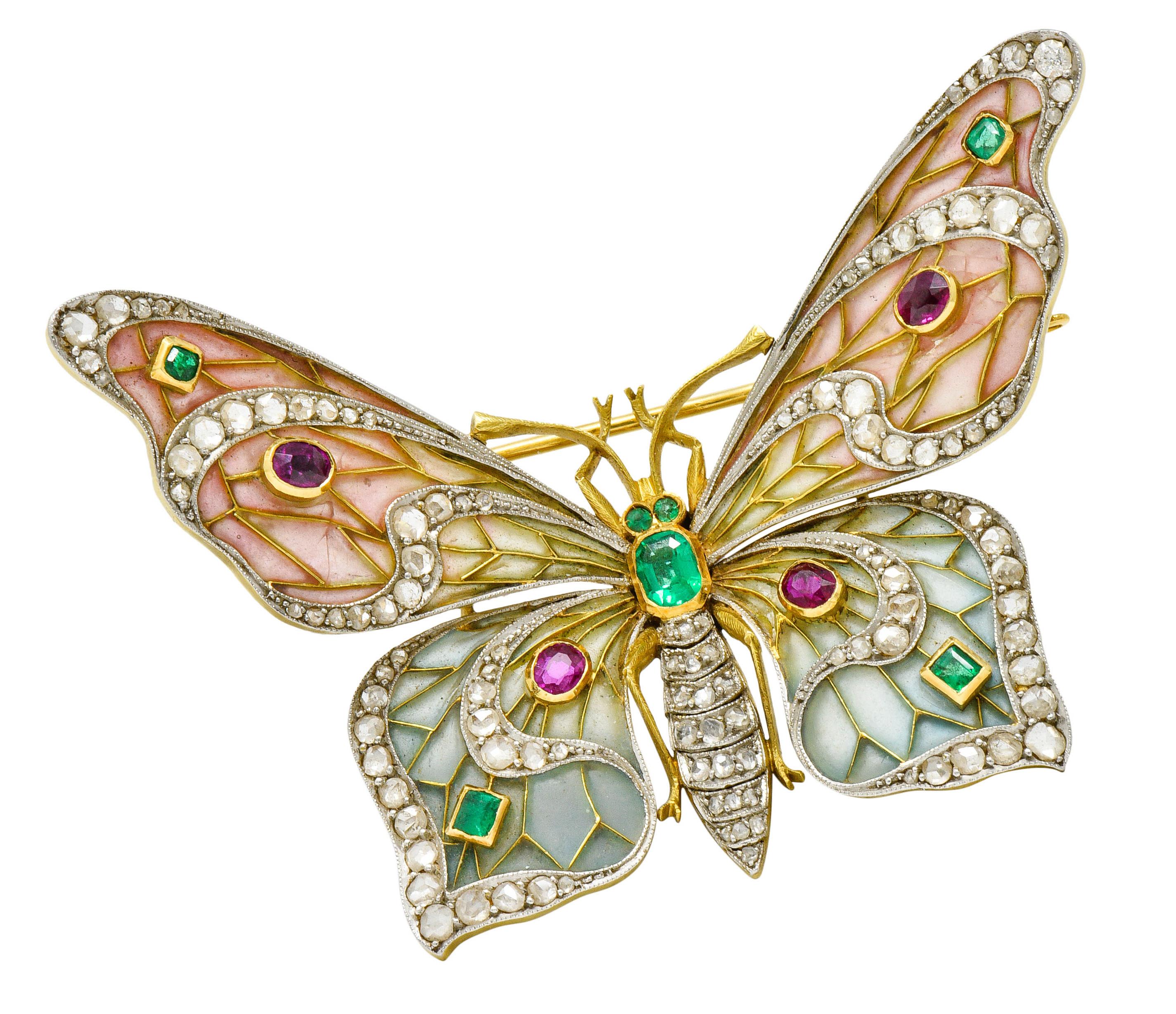 Large Art Nouveau Diamond Ruby Plique-A-Jour Enamel 18 Karat Gold Pendant Brooch 4