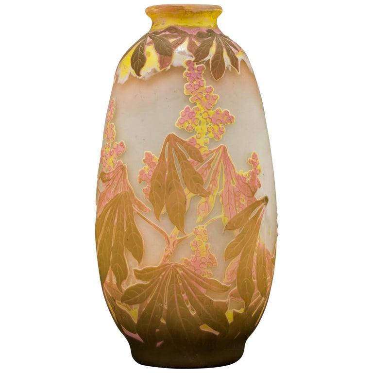 French Large Art Nouveau Emile Galle Four Color Botanicals Vase. Circa 1905