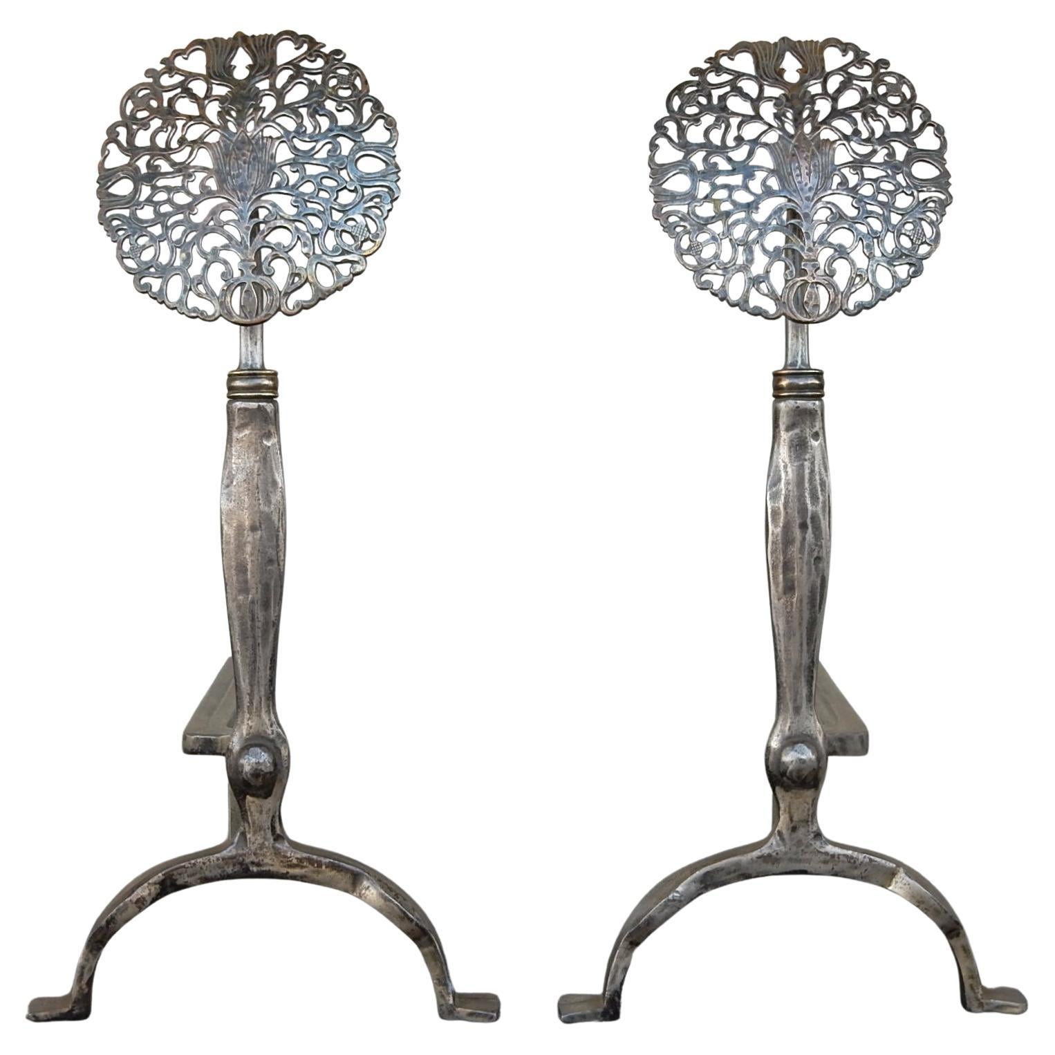Large scale andirons with botanical medallion bosses. 
They Stand 27