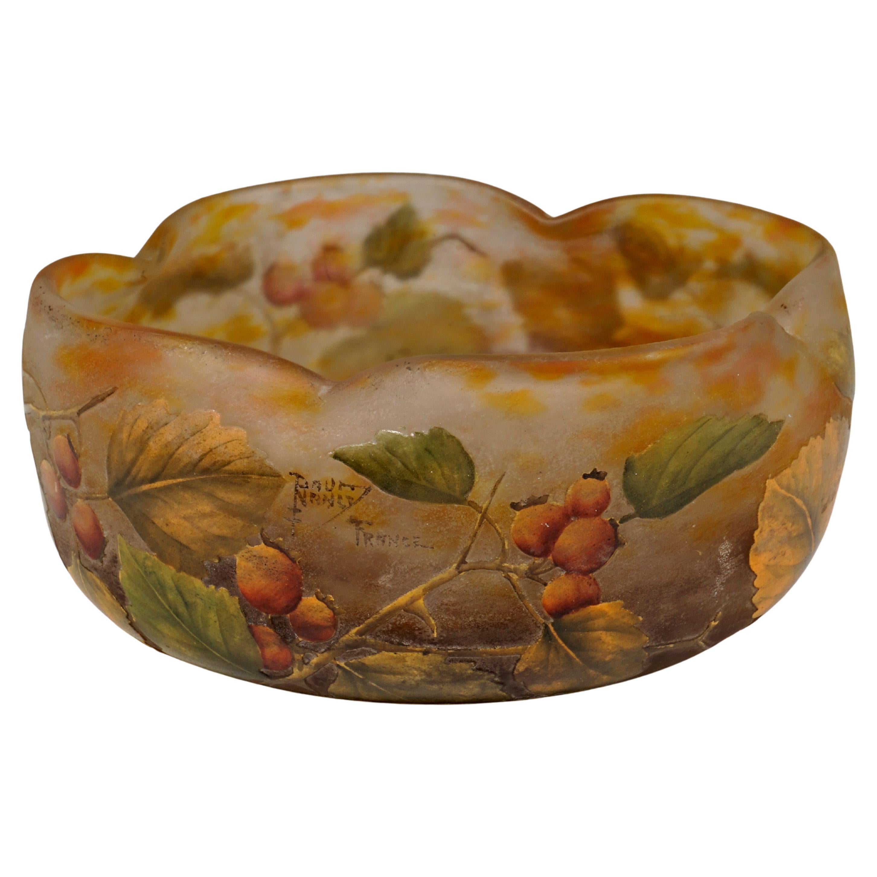 Large Art Nouveau Flower Bowl with Rose Hip Decor, Daum Nancy, France, 1900/05