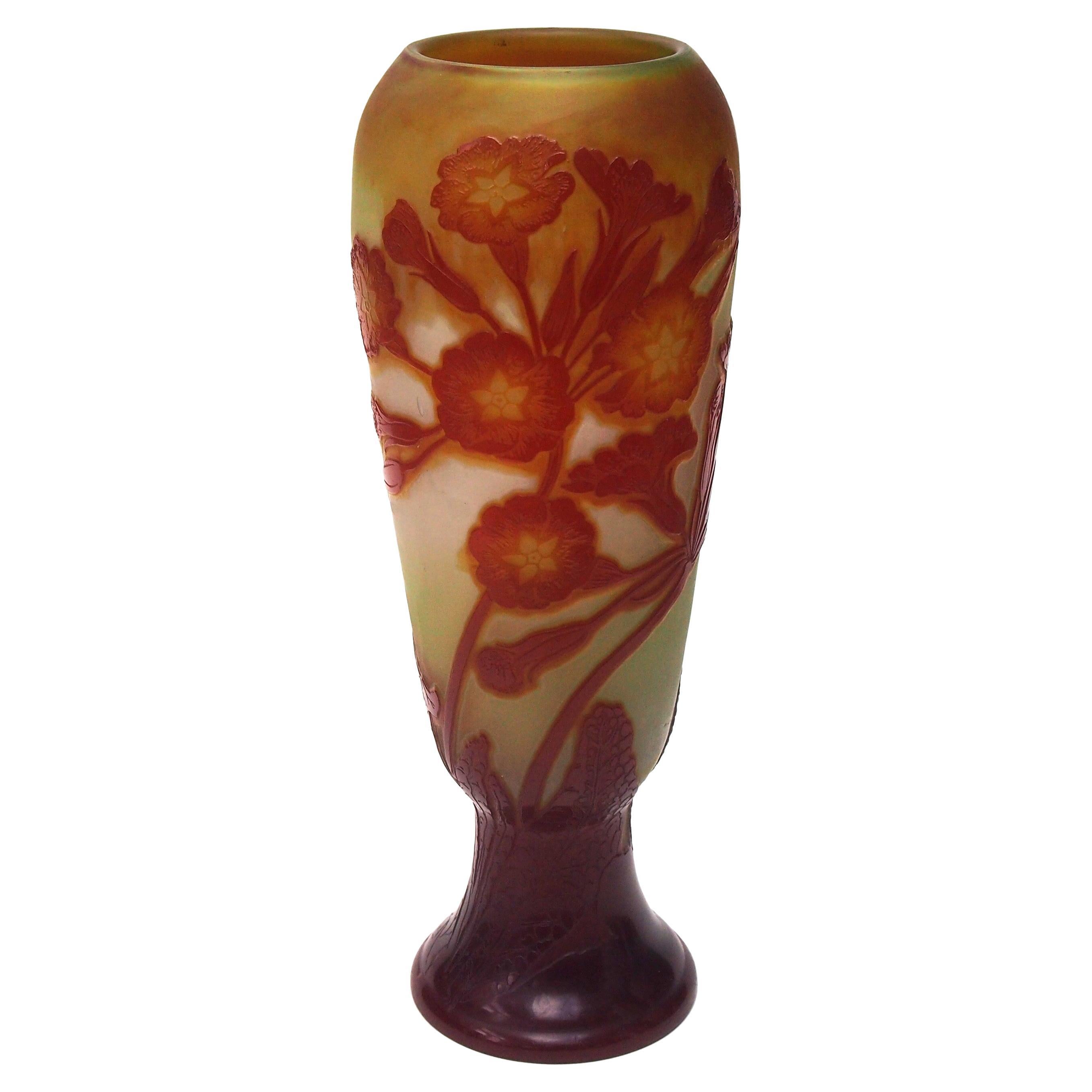 Large Art Nouveau French Emile Galle Cameo Glass Flowering Primula Vase c1905
