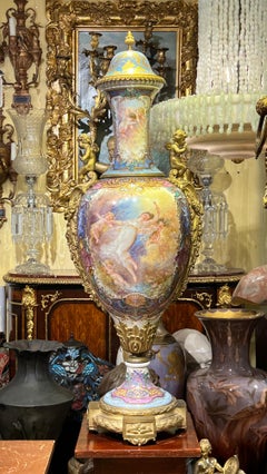 Large Art Nouveau Gilt Bronze Mounted Sevres Style Vase Painted by Charles Fuchs