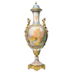Large Art Nouveau Gilt Bronze Mounted Sevres Style Vase Painted by Charles Fuchs