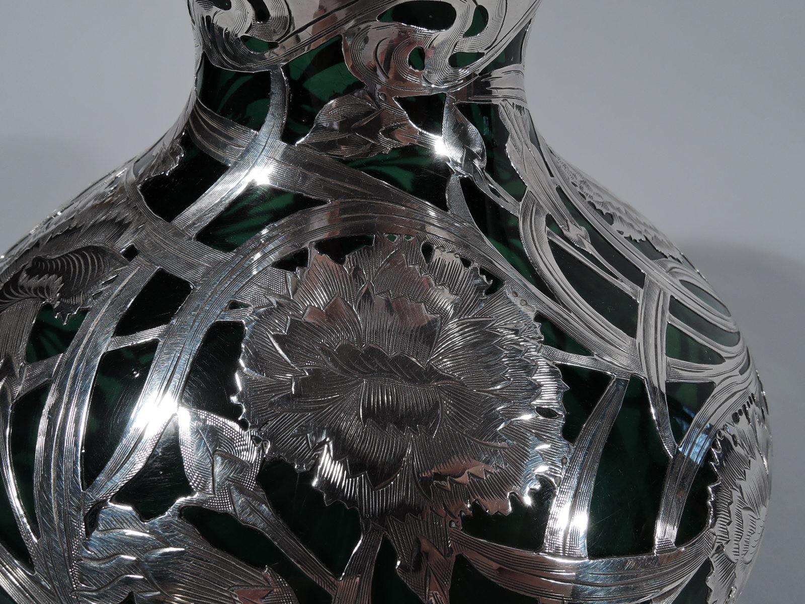 American Large Art Nouveau Green Glass Silver Overlay Centerpiece Vase by Alvin