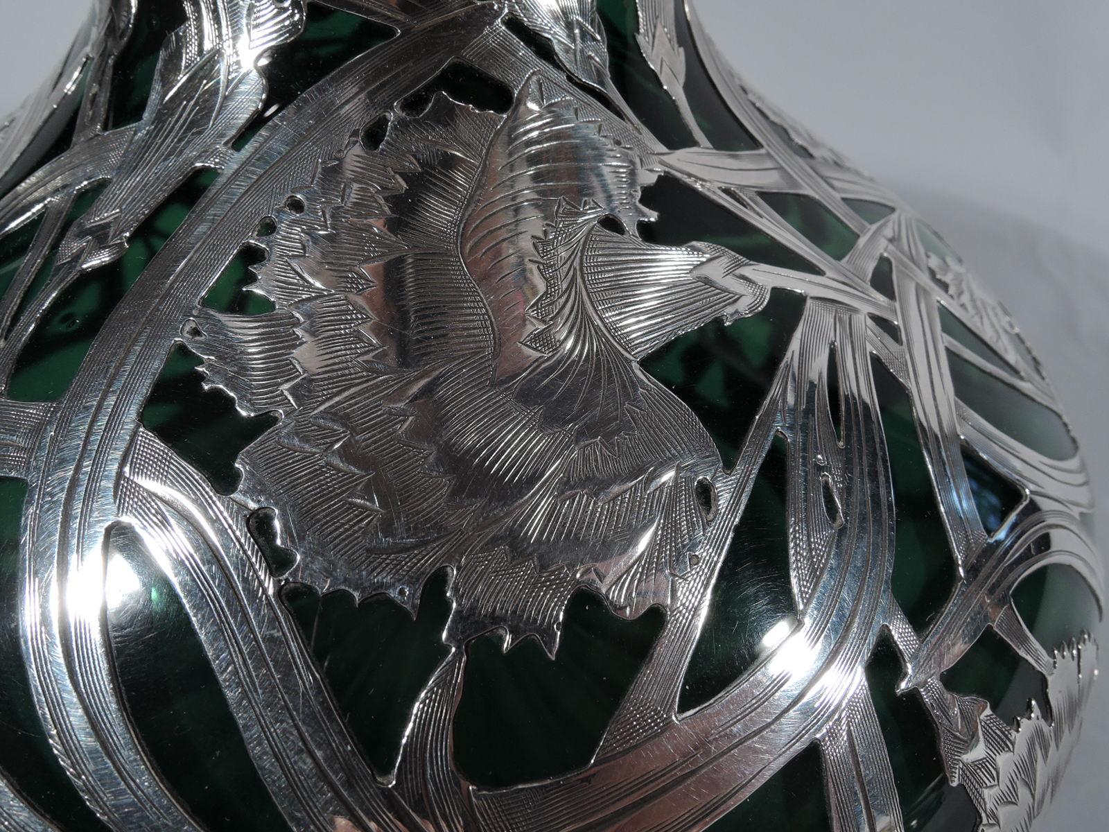 Large Art Nouveau Green Glass Silver Overlay Centerpiece Vase by Alvin In Excellent Condition In New York, NY
