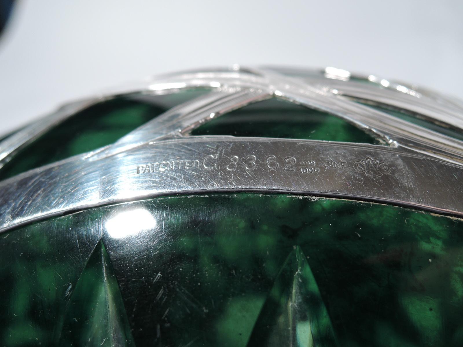 Large Art Nouveau Green Glass Silver Overlay Centerpiece Vase by Alvin 1