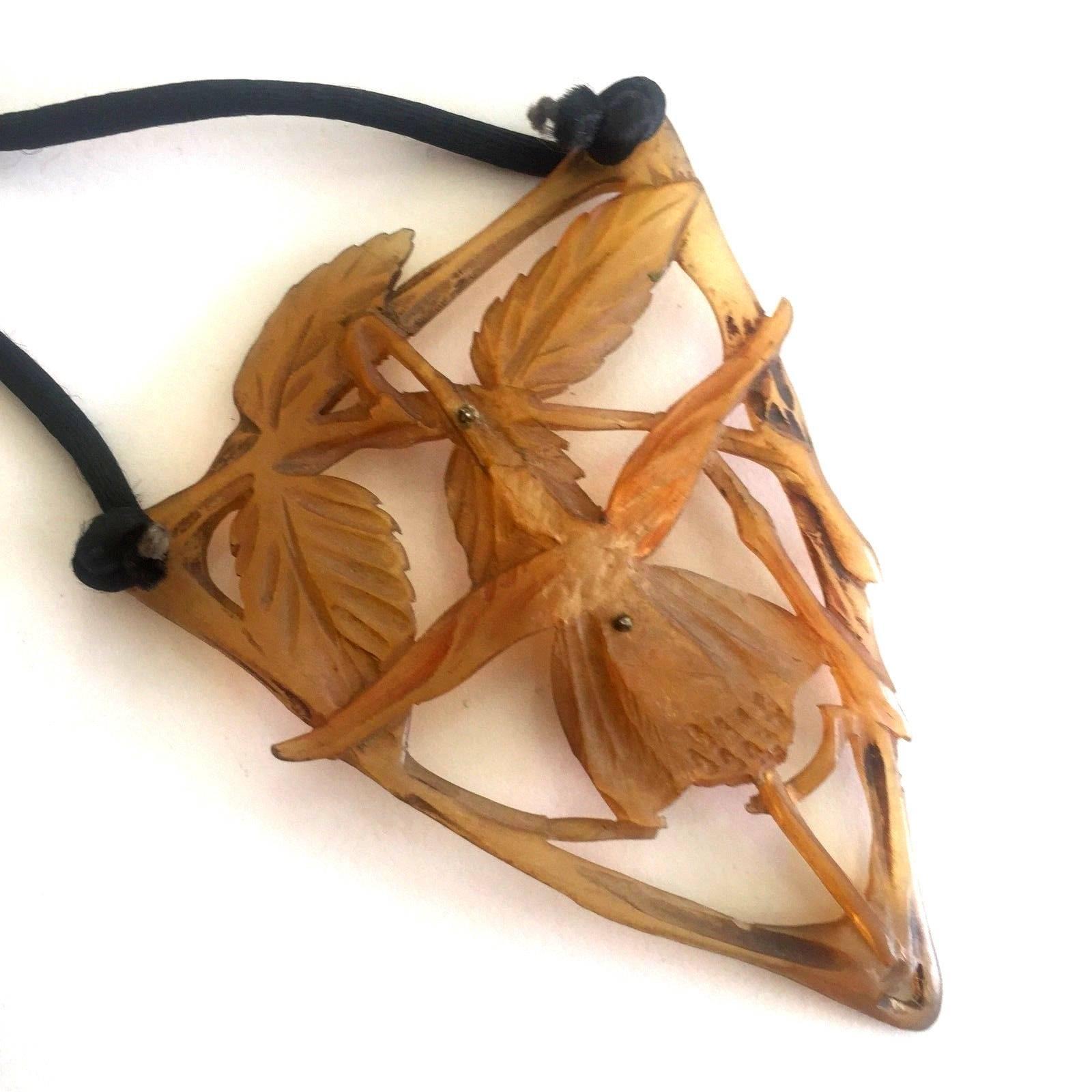 Large Art Nouveau Hand Carved Tortoise Shell Pendant, circa 1890, Paris In Excellent Condition In Van Nuys, CA