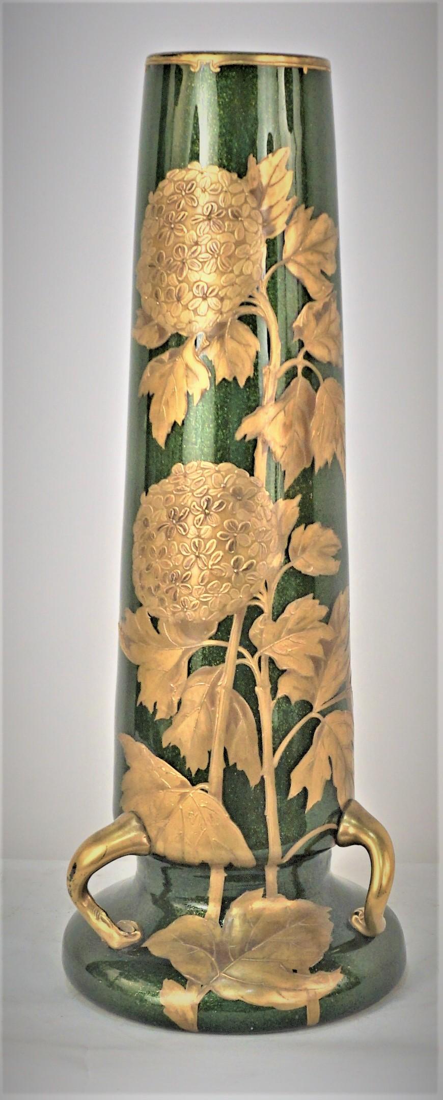 Grand vase art nouveau en verre soufflé peint à la main 