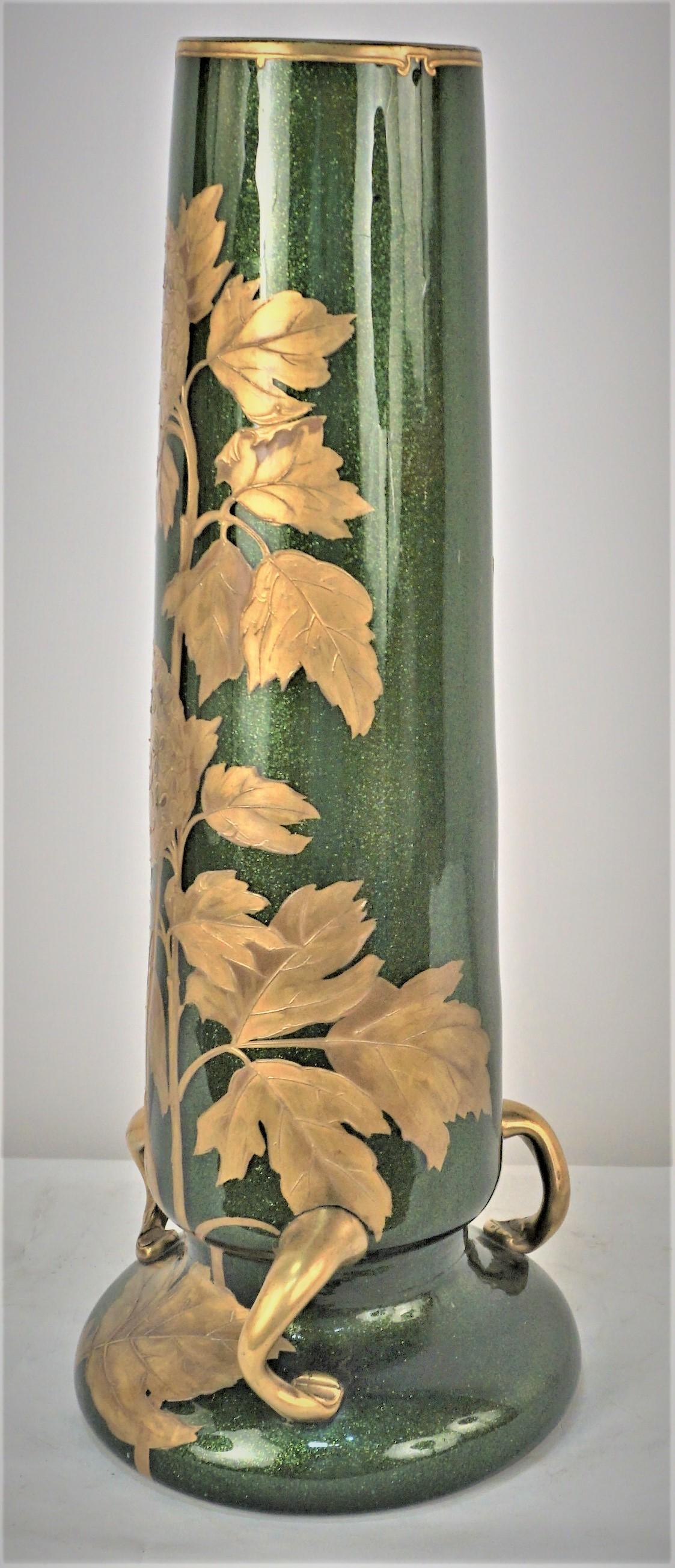 French Large Art Nouveau Hand Painted Blown Glass Vase For Sale