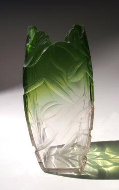 Large Art Nouveau Moser Green to Clear Intaglio Cut Vase