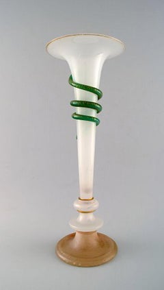 Large Art Nouveau Opaline Glass Vase with Green Snake
