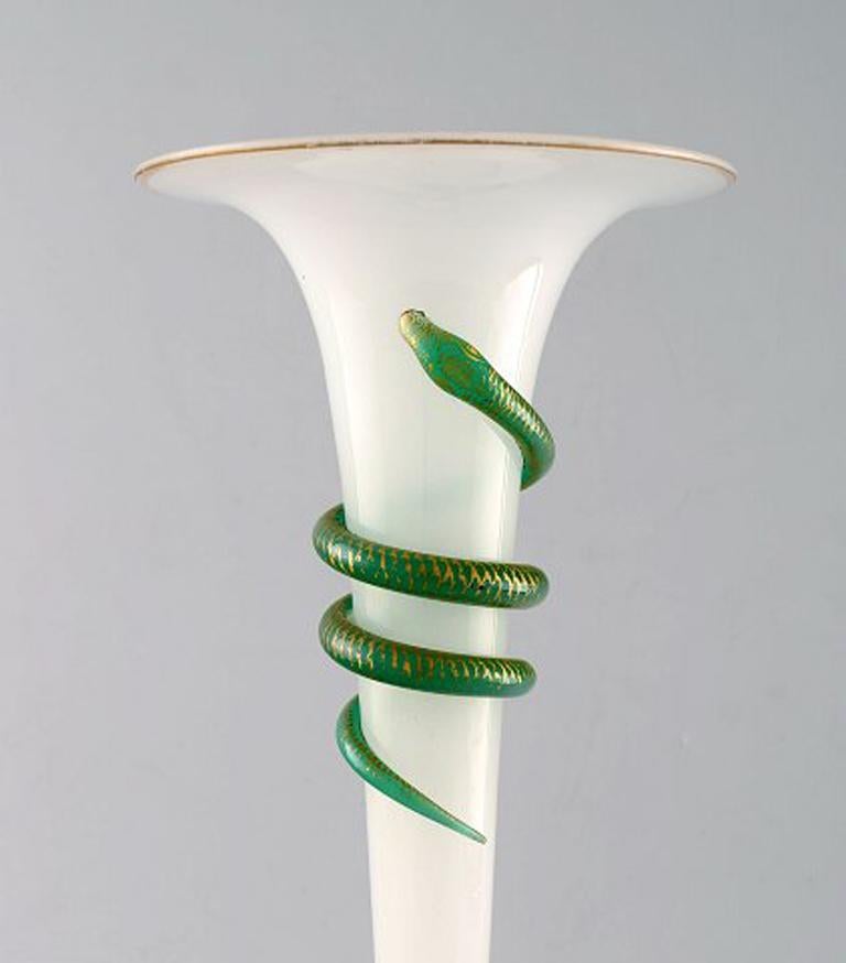 Unknown Large Art Nouveau Opaline Glass Vase with Green Snake For Sale