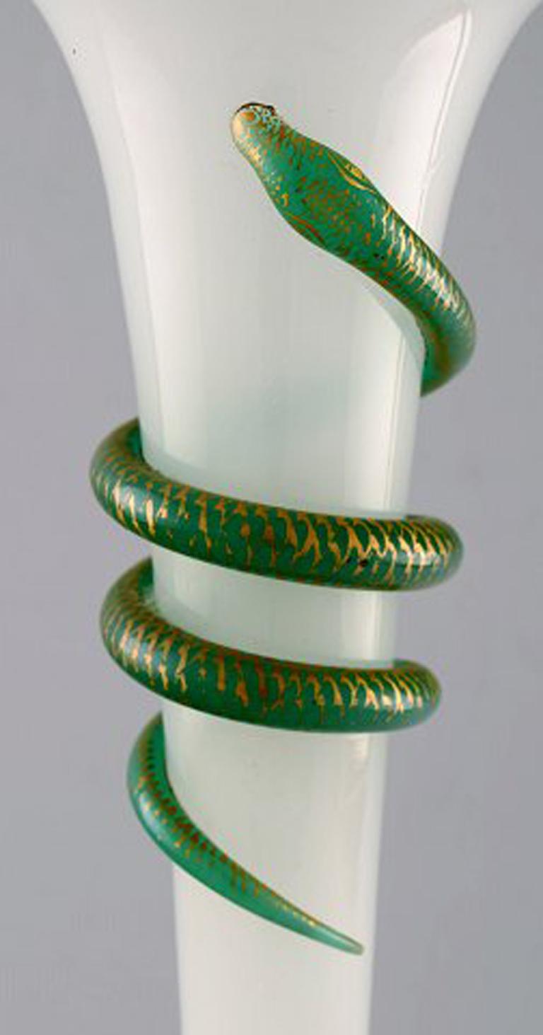 20th Century Large Art Nouveau Opaline Glass Vase with Green Snake For Sale
