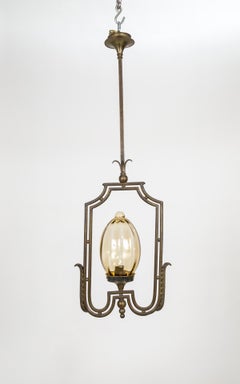 Large Art Nouveau Oval Glass Pendant Light w/ Stylized Rectangular Frame