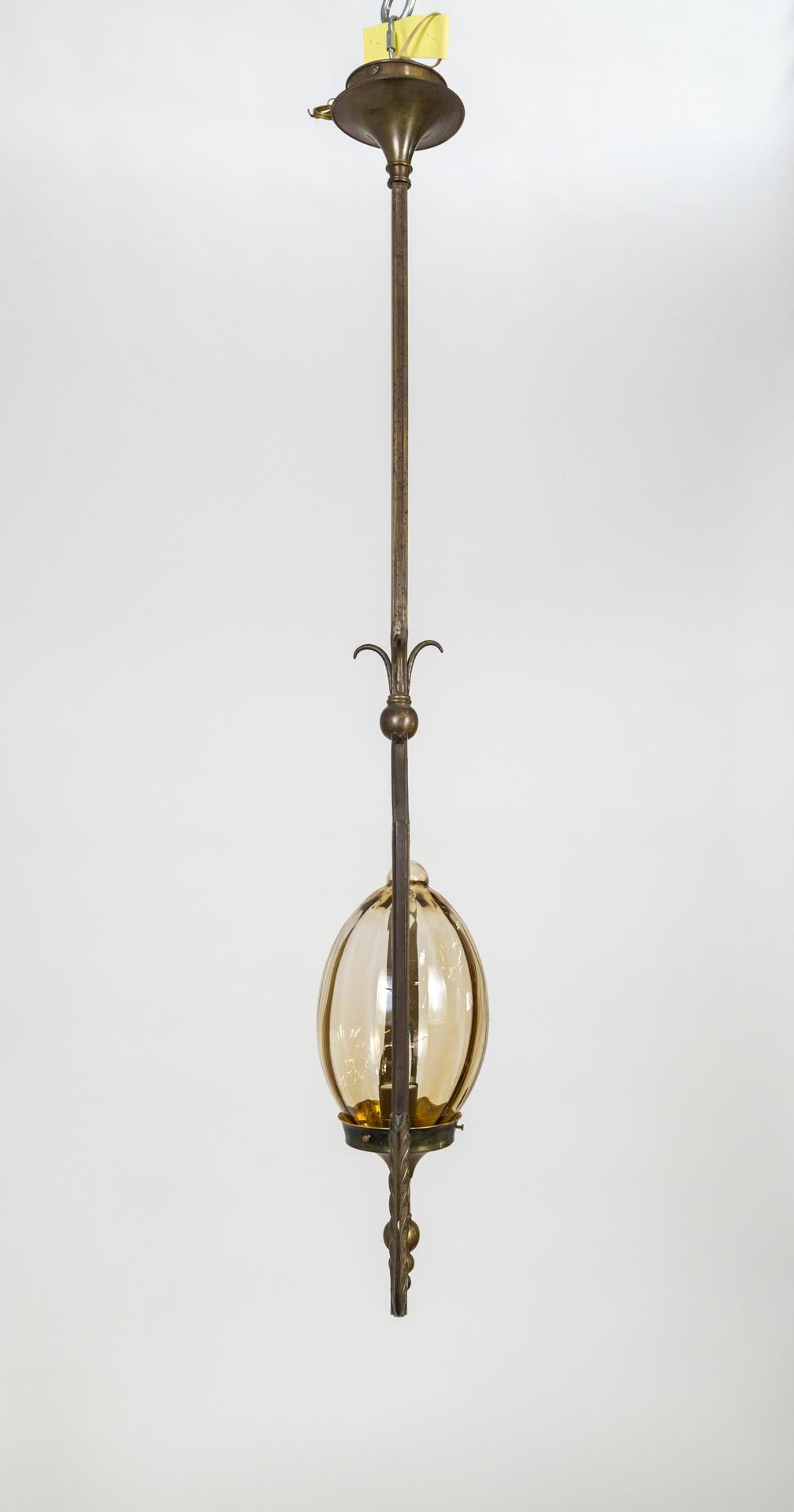 20th Century Large Art Nouveau Oval Glass Pendant Light w/ Stylized Rectangular Frame For Sale