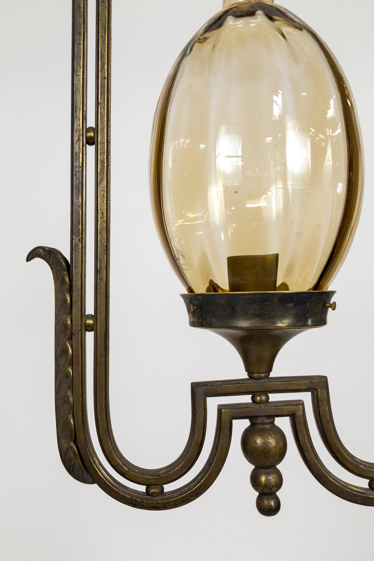Metal Large Art Nouveau Oval Glass Pendant Light w/ Stylized Rectangular Frame For Sale