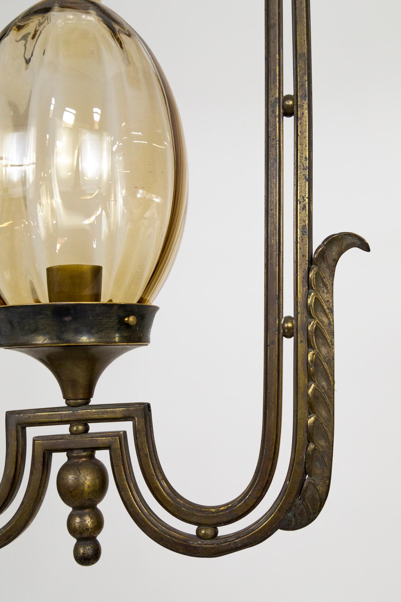 Large Art Nouveau Oval Glass Pendant Light w/ Stylized Rectangular Frame For Sale 1