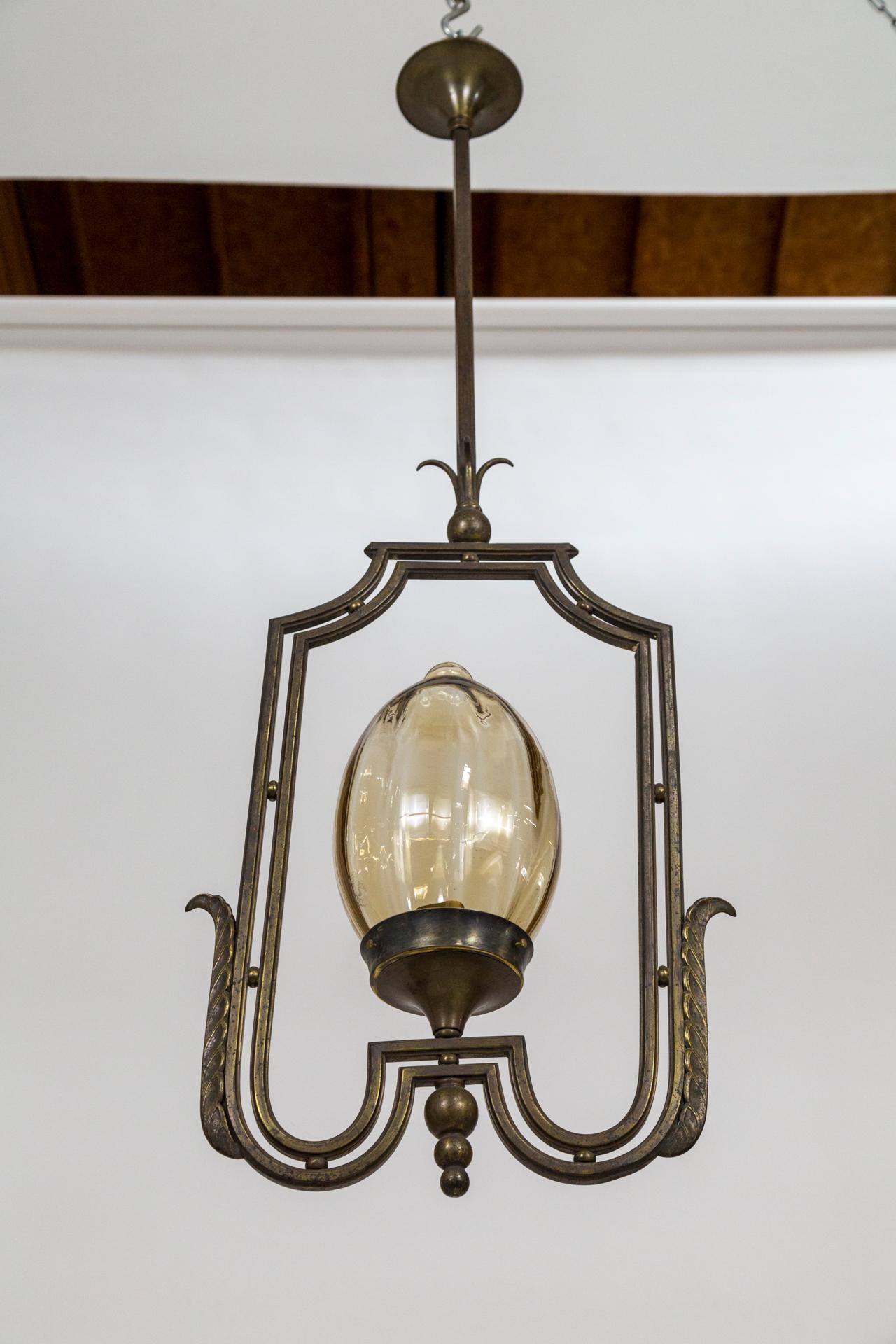Large Art Nouveau Oval Glass Pendant Light w/ Stylized Rectangular Frame For Sale 2