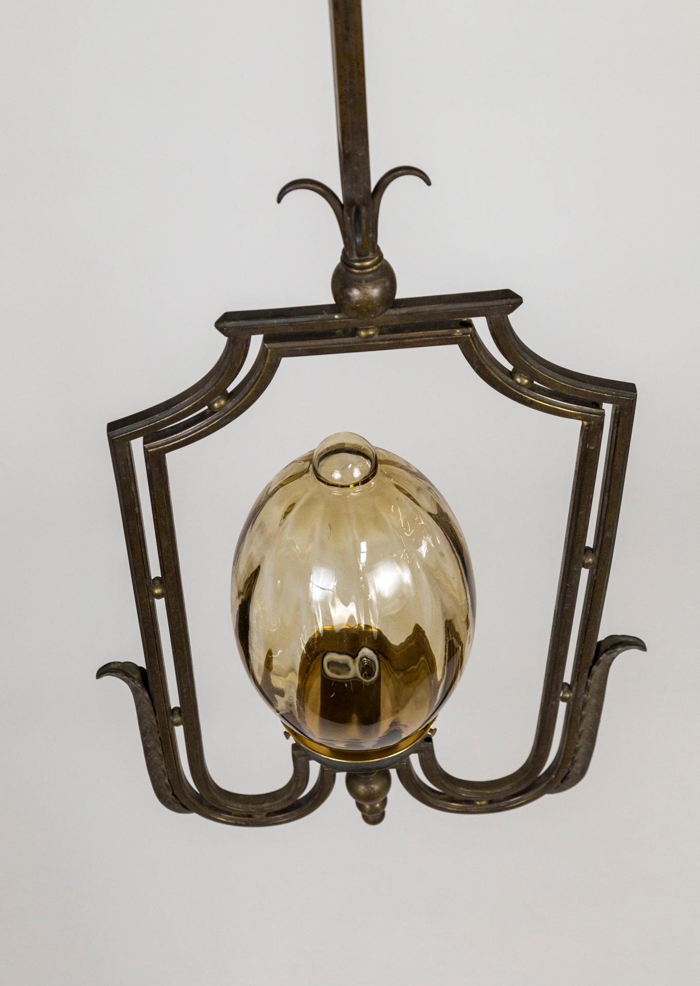 Large Art Nouveau Oval Glass Pendant Light w/ Stylized Rectangular Frame For Sale 3