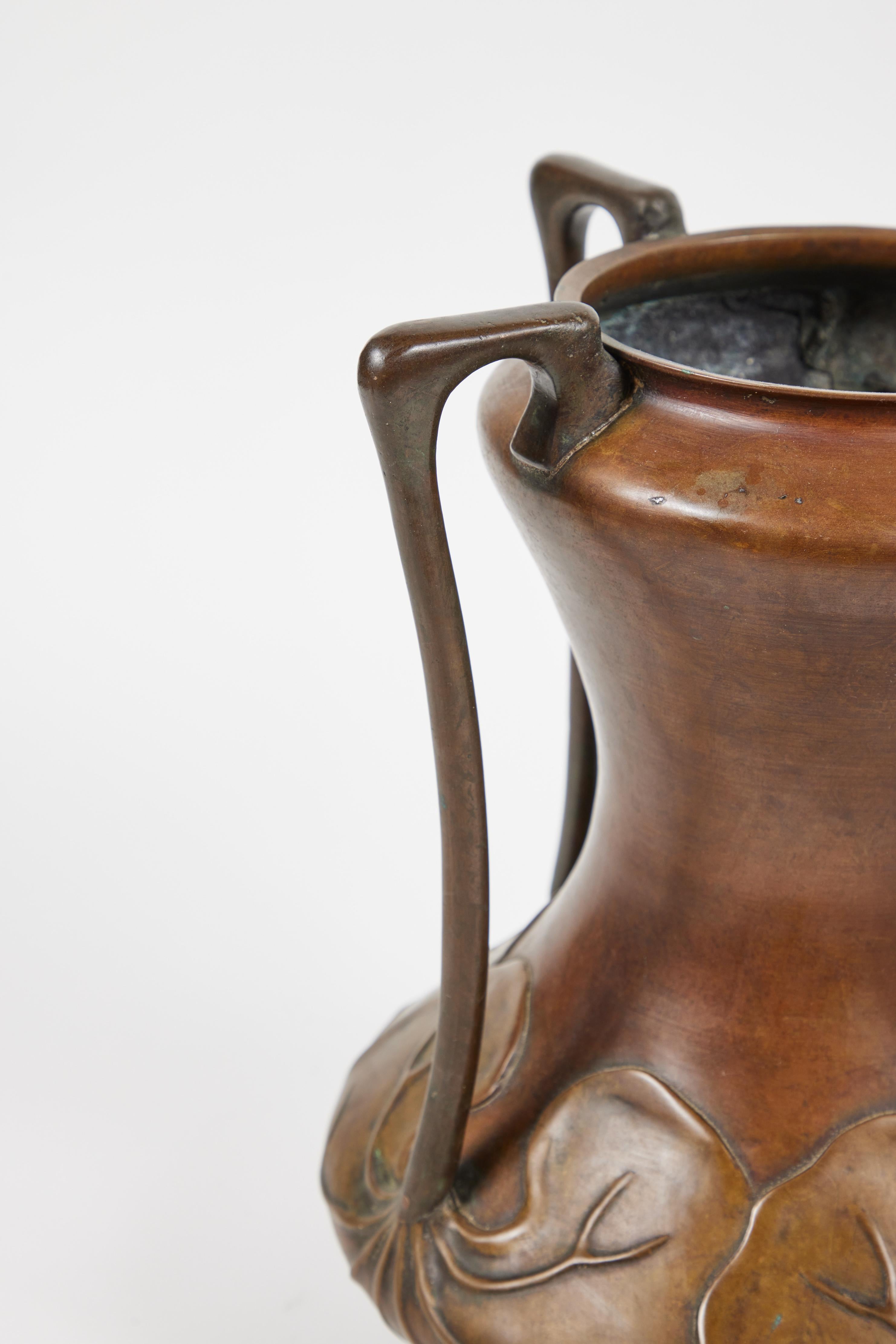 Large Art Nouveau Patinated Bronze Gourd Shaped Vase 1