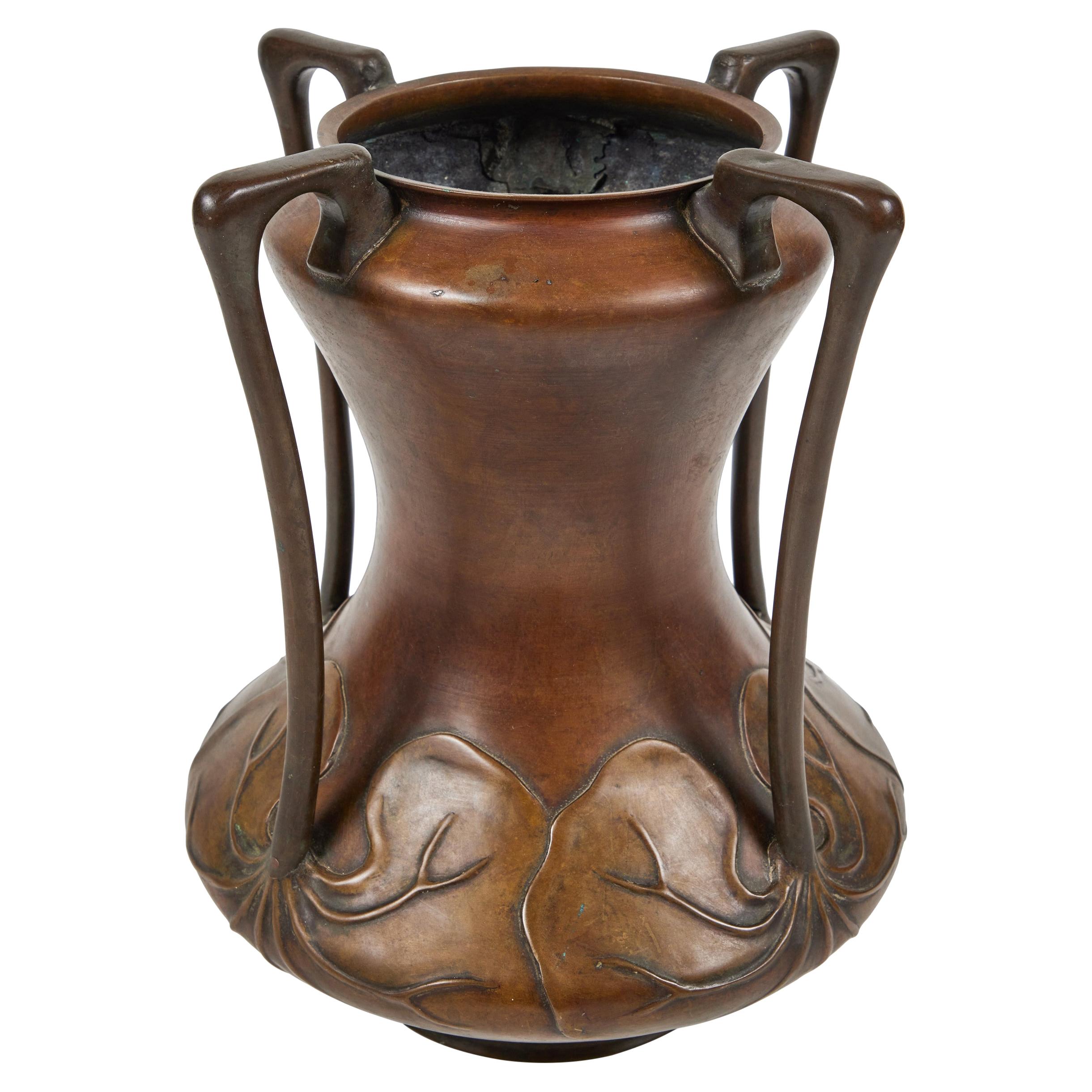 Large Art Nouveau Patinated Bronze Gourd Shaped Vase