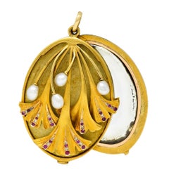 Large Art Nouveau Pearl Ruby Diamond 18 Karat Two-Tone Ginkgo Mirror Locket Pend