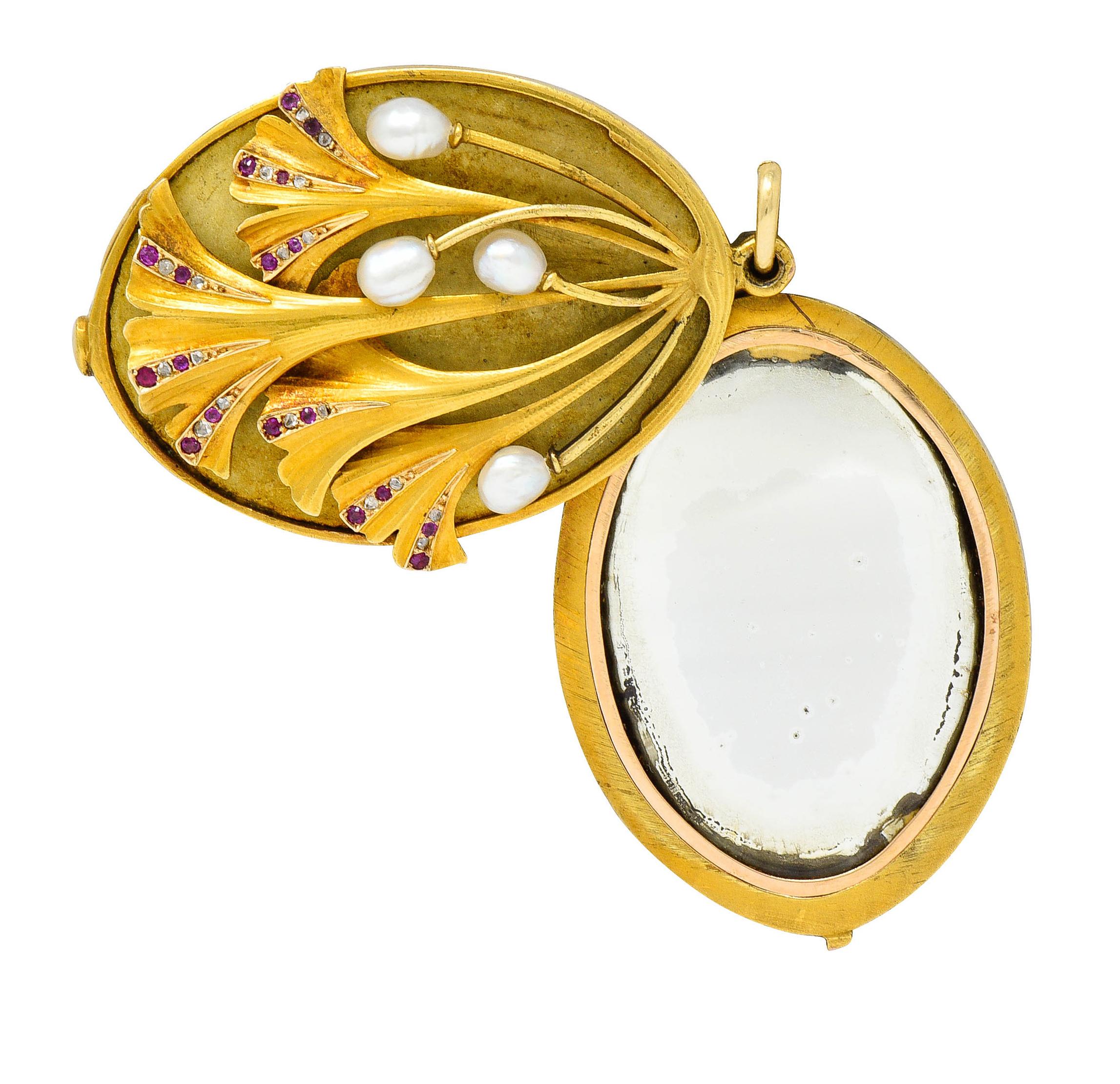 Round Cut Large Art Nouveau Pearl Ruby Diamond 18 Karat Two-Tone Ginkgo Mirror Locket Pend