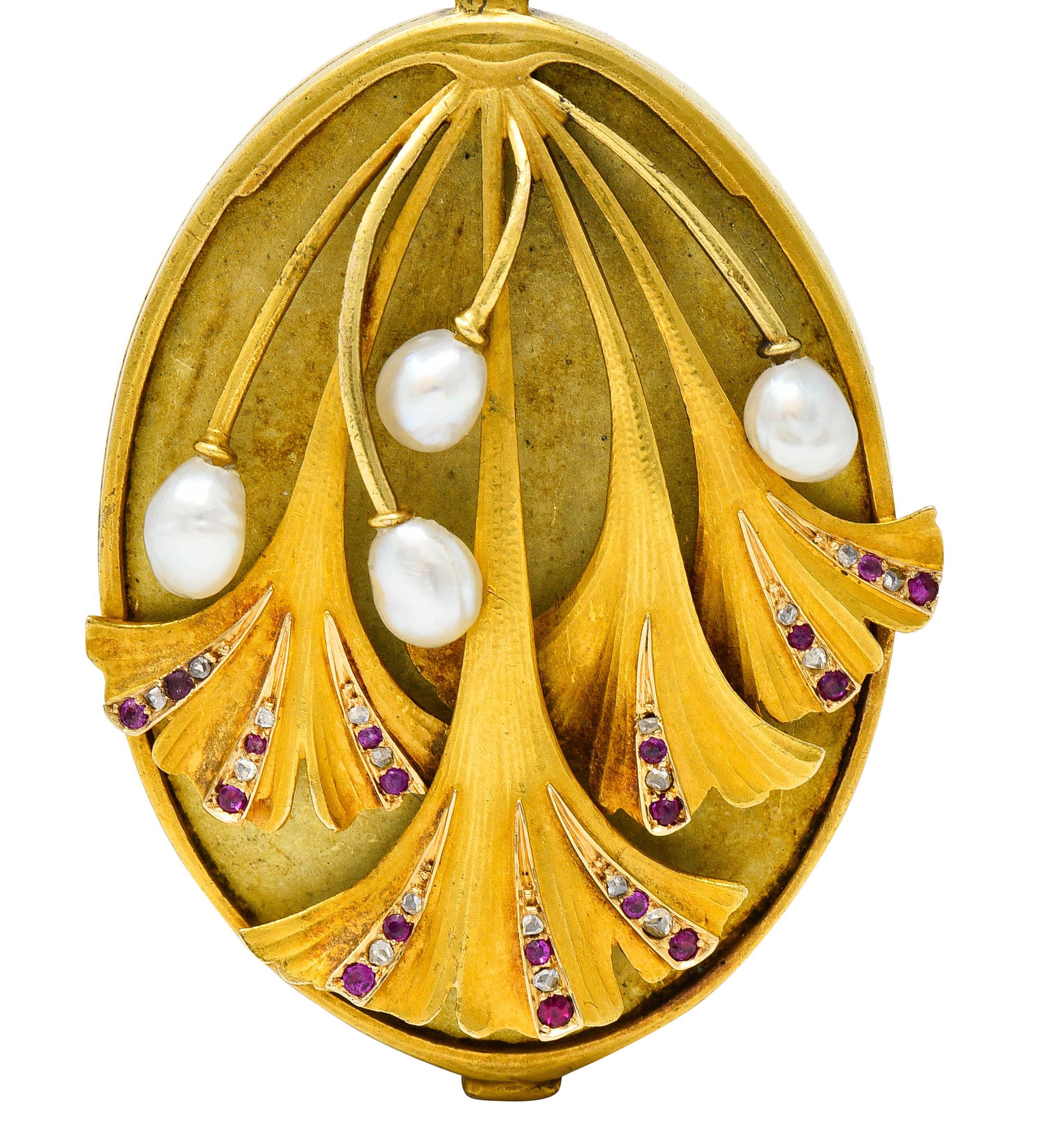 Large Art Nouveau Pearl Ruby Diamond 18 Karat Two-Tone Ginkgo Mirror Locket Pend 2