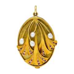 Large Art Nouveau Pearl Ruby Diamond 18 Karat Two-Tone Ginkgo Mirror Locket Pend