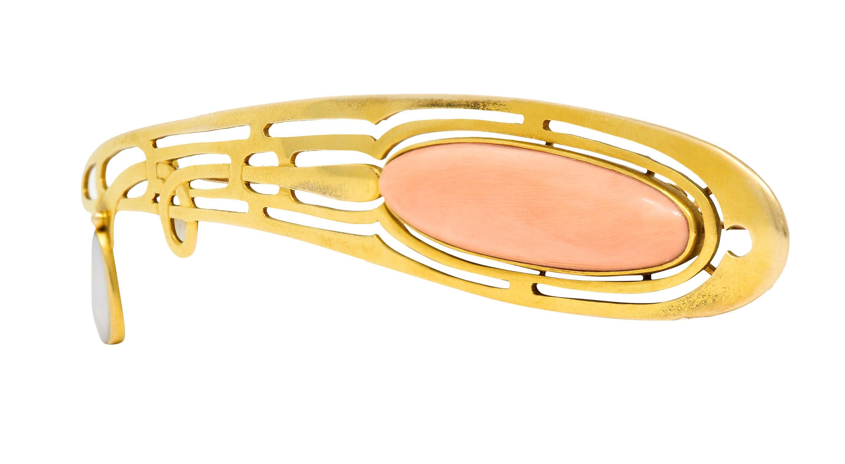 Women's or Men's Large Art Nouveau Pink Coral Blister Pearl 14 Karat Gold Whiplash Brooch