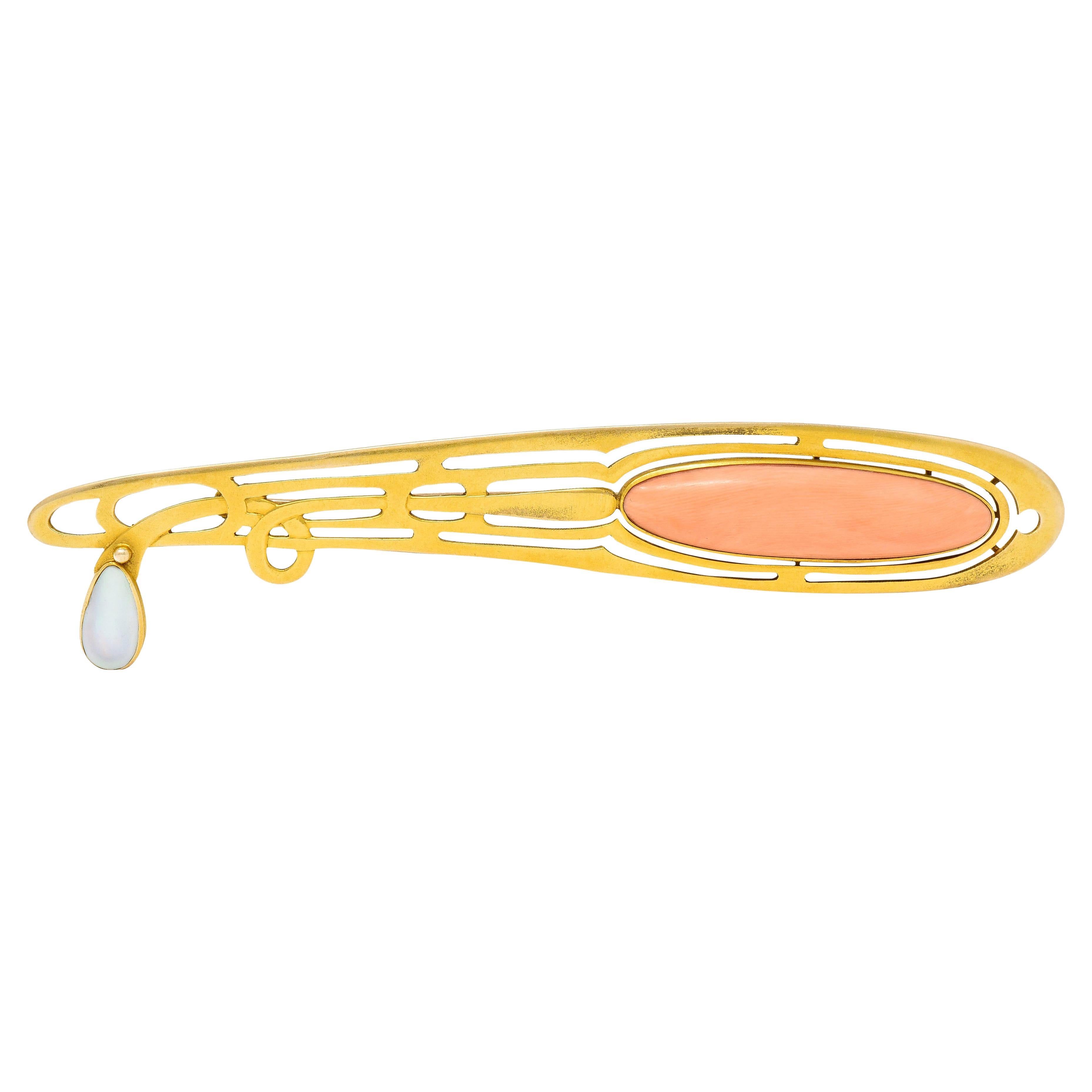 Large Art Nouveau Pink Coral Blister Pearl 14 Karat Gold Whiplash Brooch