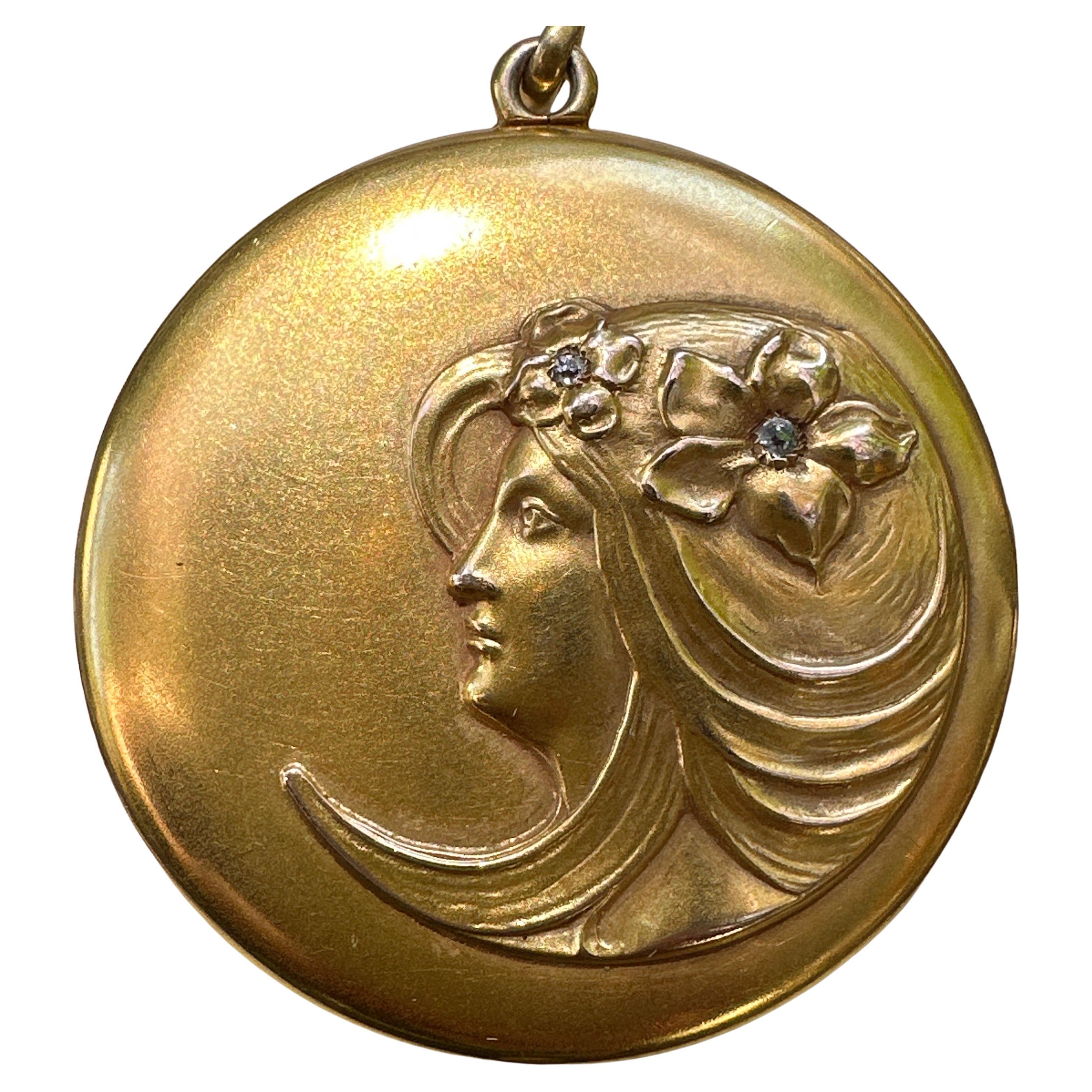 Large Art Nouveau Portrait Floral 18k Gold Diamond Locket Pendant