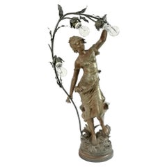 Große, große Jugendstil-Skulptur von August Moreau, Bronze-Newel-Post-Lampe