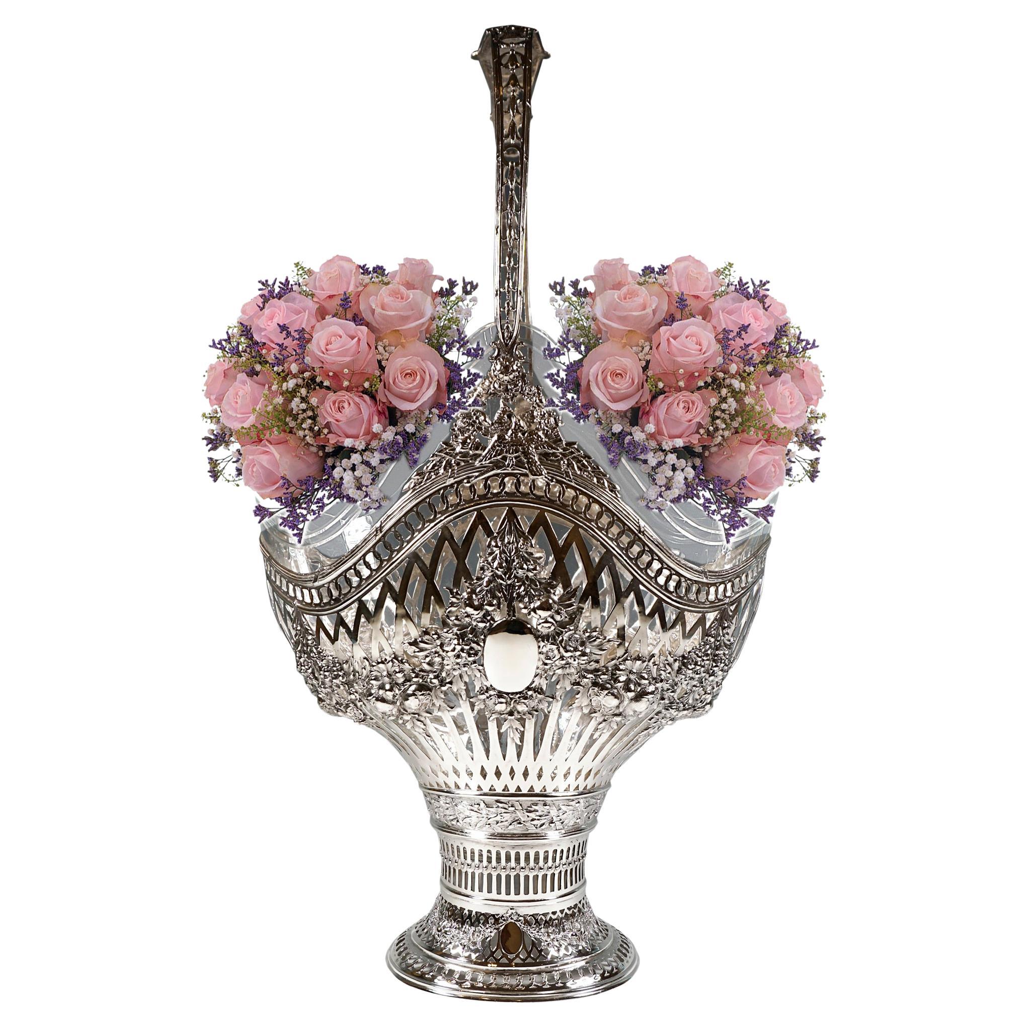 Large Art Nouveau Silver Handle Basket With Glass Insert, Jean Schlingloff, 1910