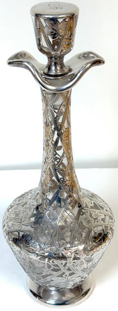 Large Art Nouveau Silver Overlay Grapevine Decanter , Alvin Silver Co.