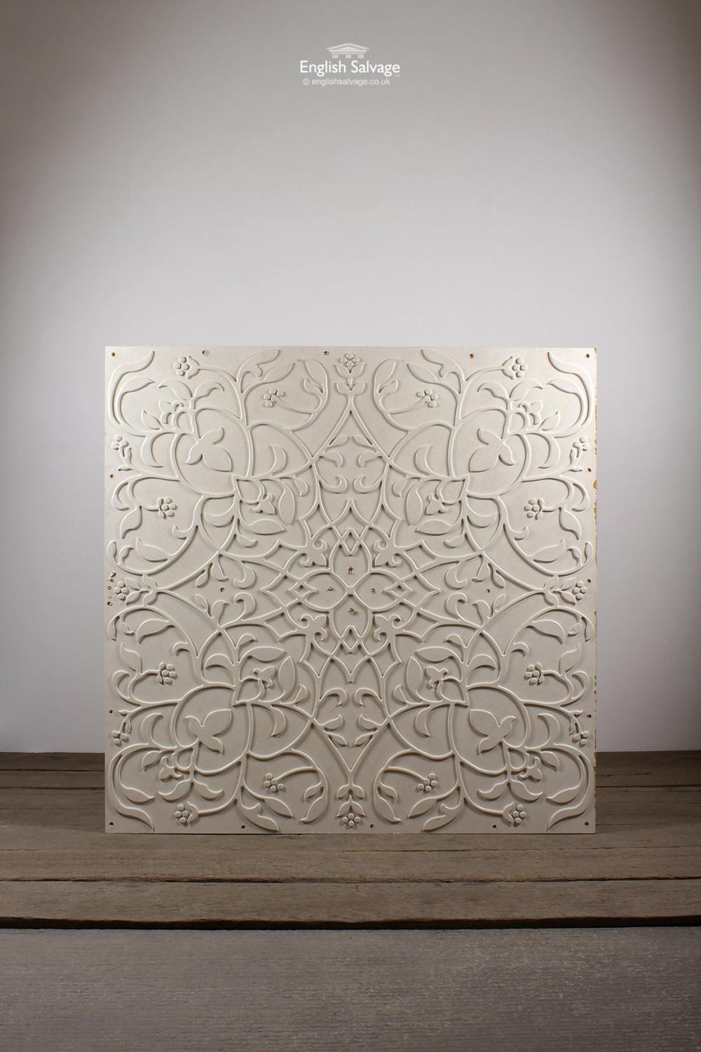 Large Art Nouveau style decorative ceiling panels, made from MDF with a 6mm relief, reclaimed from the Four Seasons Hotel in London. These stunning panels were framed with recessed LED lights (not included) which really brought them to life and