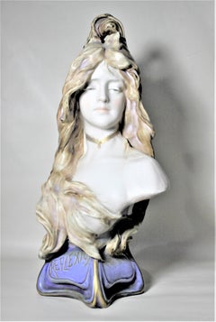 Large Art Nouveau Teplitz Porcelain Female Statue or Bust Entitled "Reflexion"