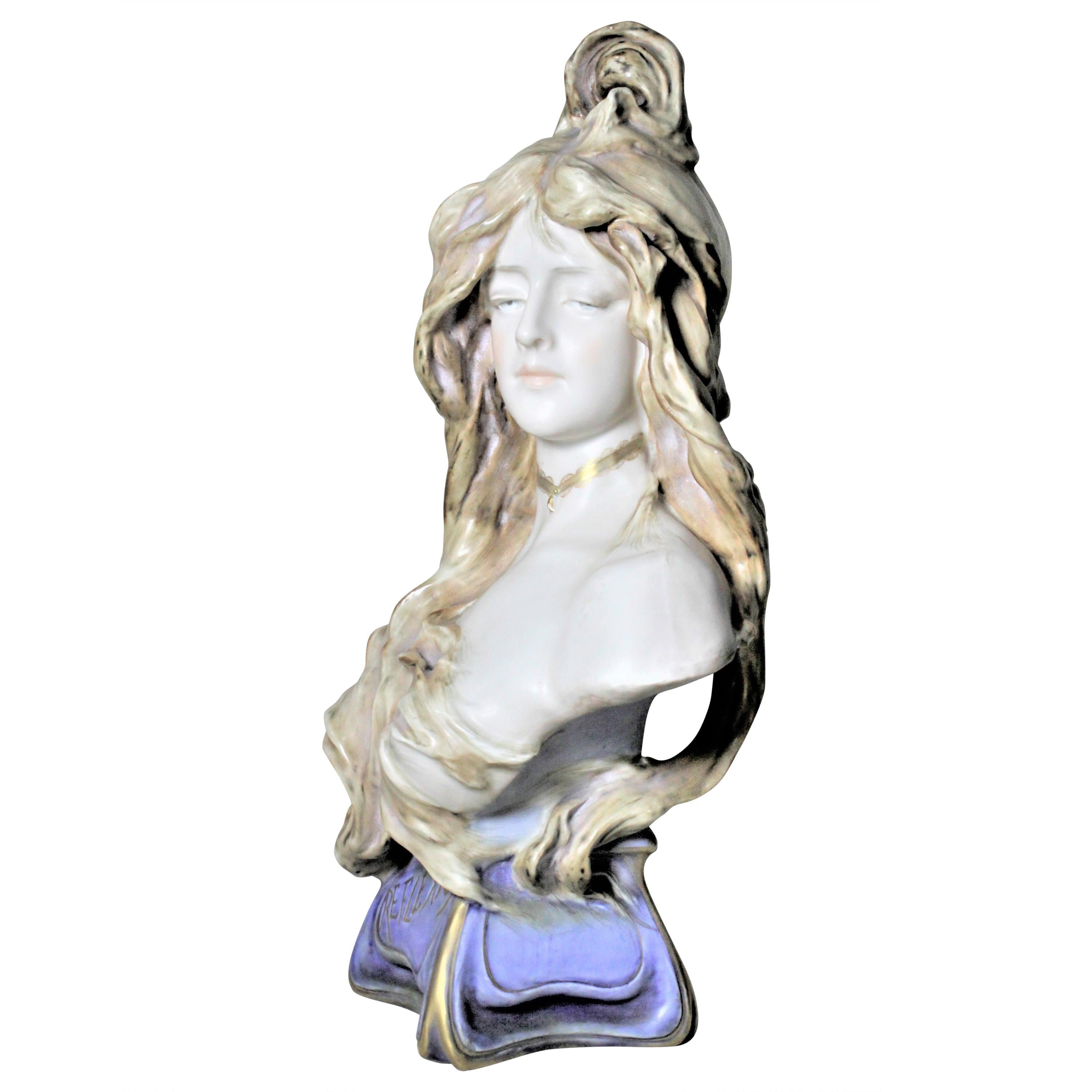 Large Art Nouveau Teplitz Porcelain Female Statue or Bust Entitled "Reflexion"