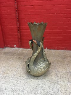 Large Art Nouveau Terracotta Vase with Swans Decoration, Signed, circa 1900